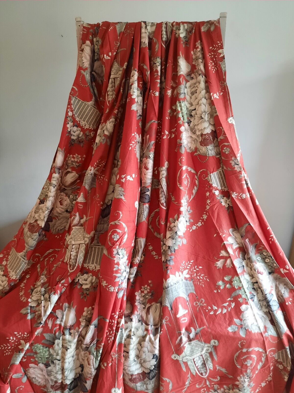 Vtg antique 40s french red floral fabric Cabbage Rose Bird Cage 2.33m X 2.45m
