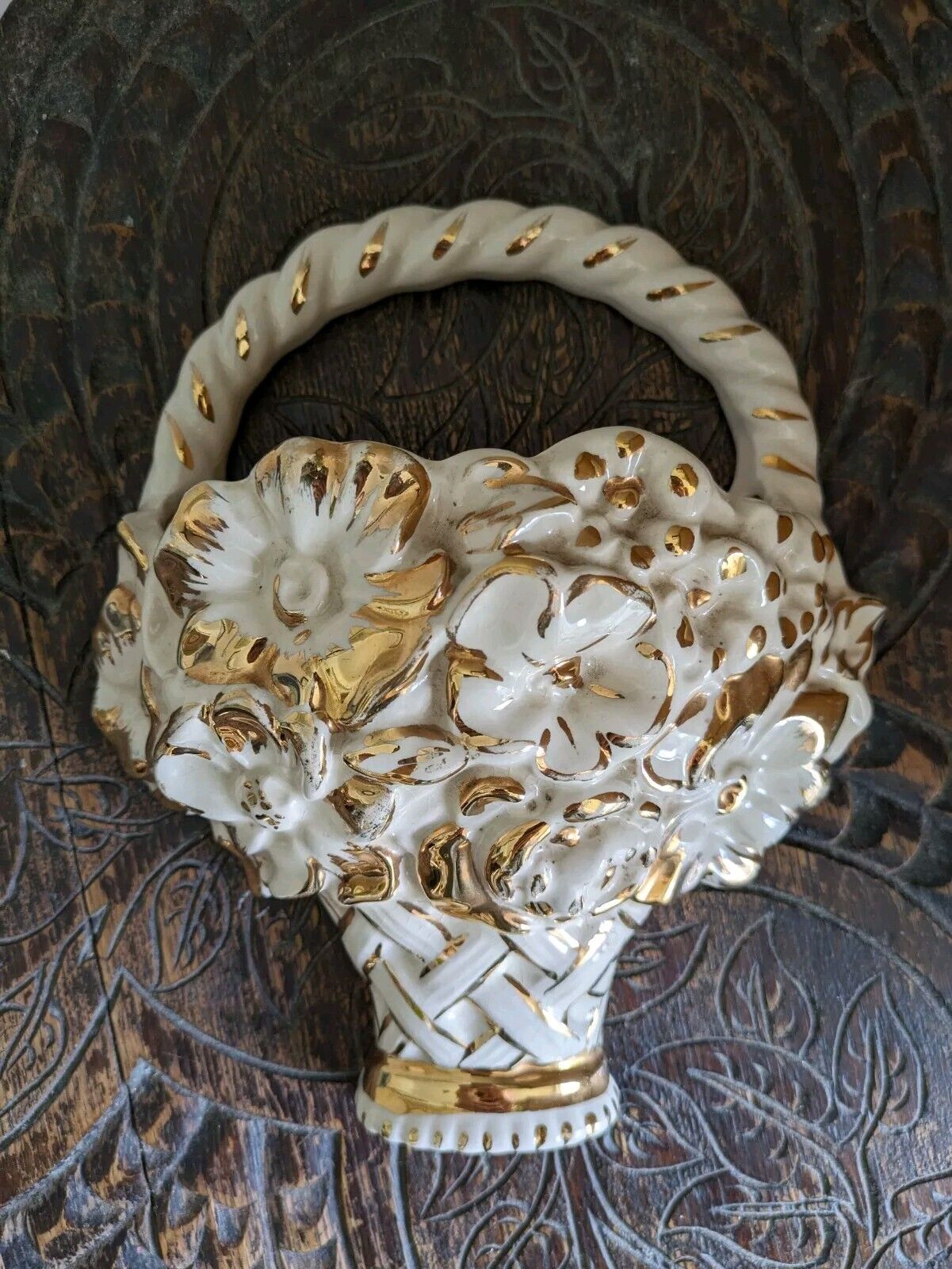 Kensington Ware Floral Wall Pocket White Gold 1920s 30s Ceramic Vase Decor Vtg