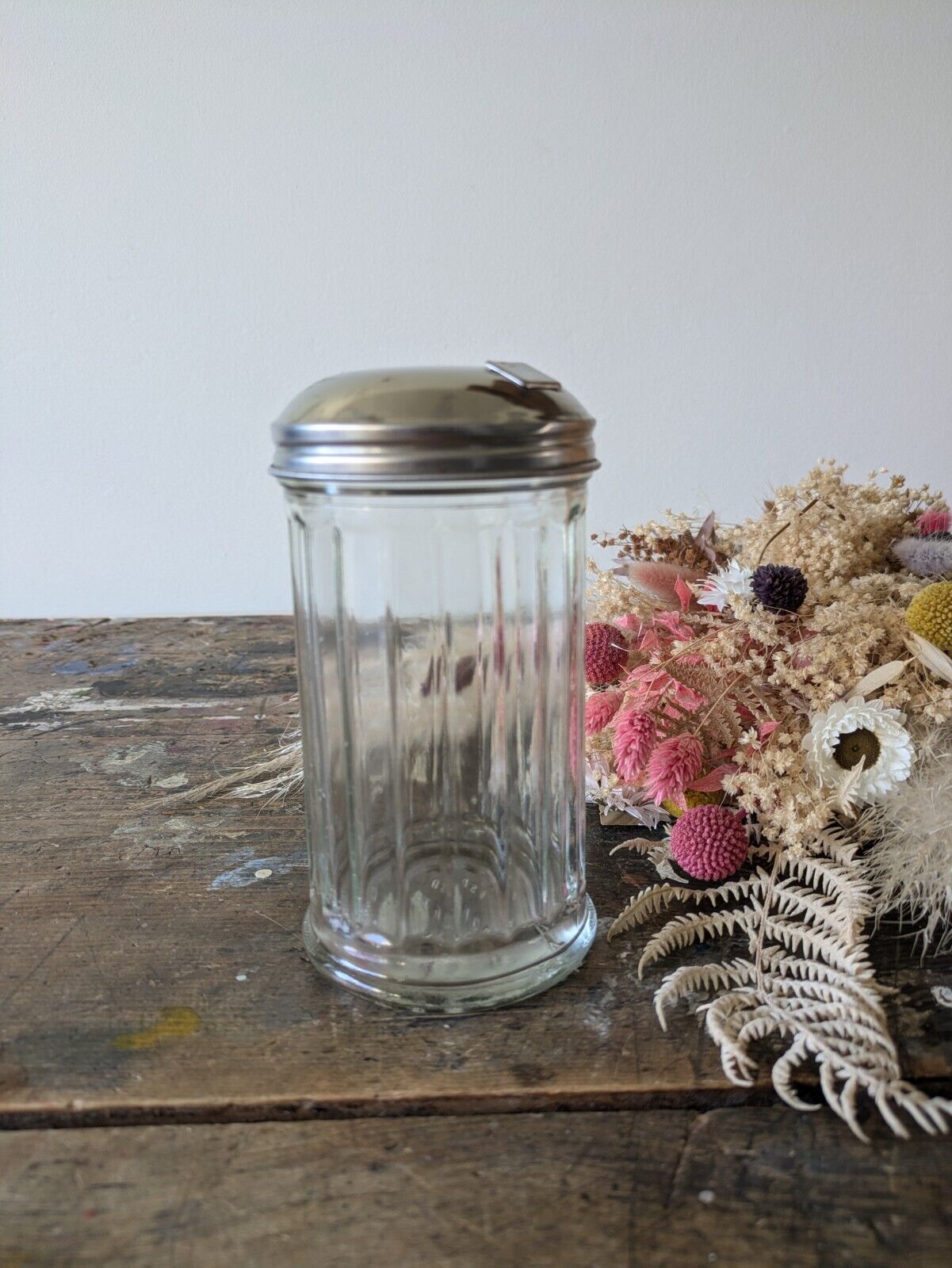 Vintage Gemco USA Ribbed Glass Diner Sugar Dispenser Stainless Steel Lid Shaker