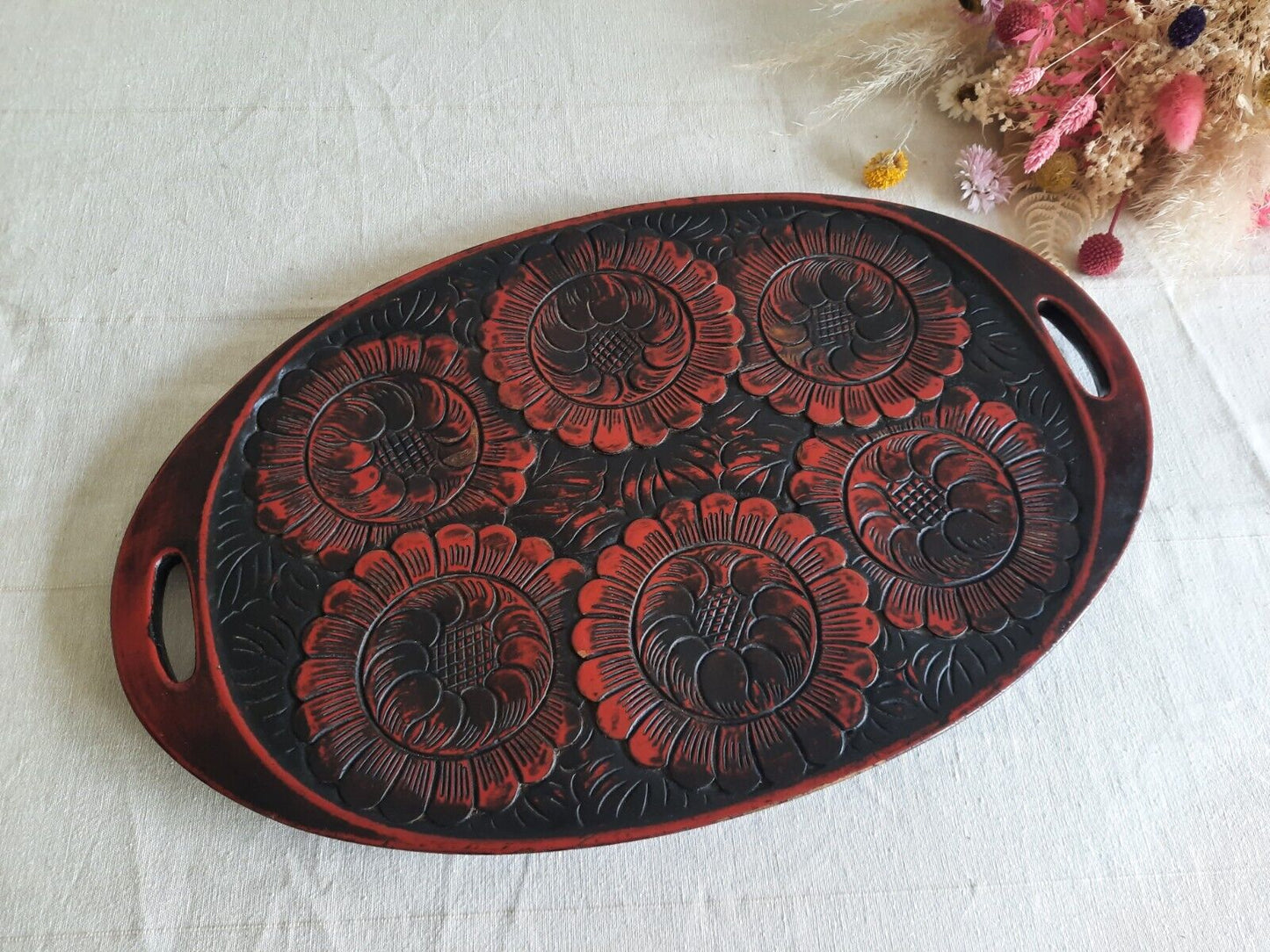 Japanese Obon Tray Lacquer Vintage Kamakura Tradition carve Large Rare Floral