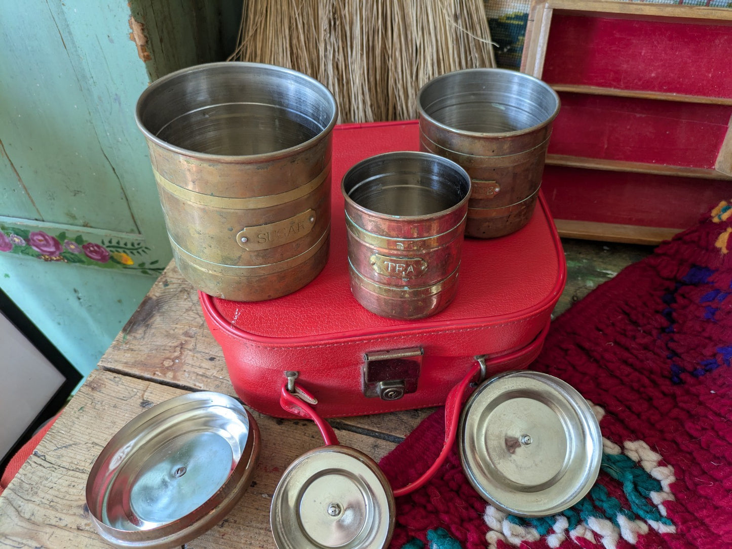 Antique Copper & Brass Tea Coffee Sugar Set Country Farm House Kitchenalia Vtg