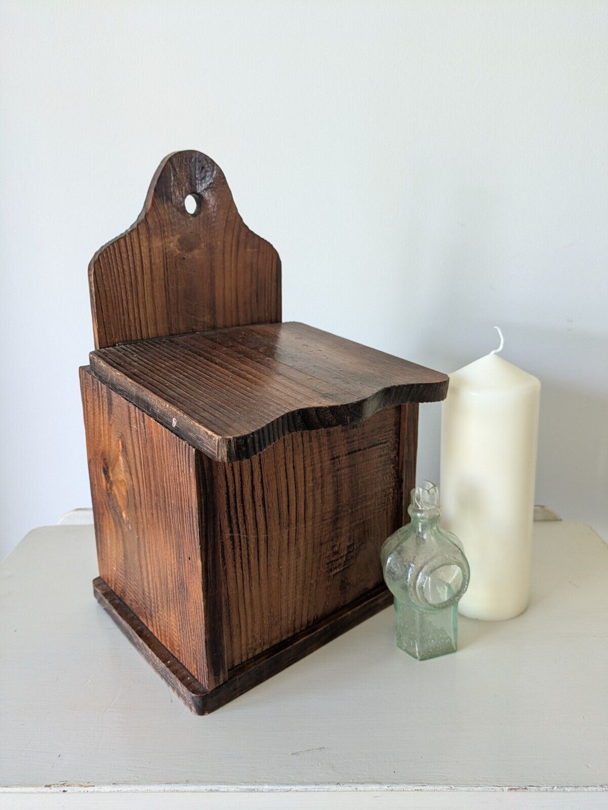 Antique Vintage Pine Candle Salt Box wall sconce keys Gothic original old shelf.
