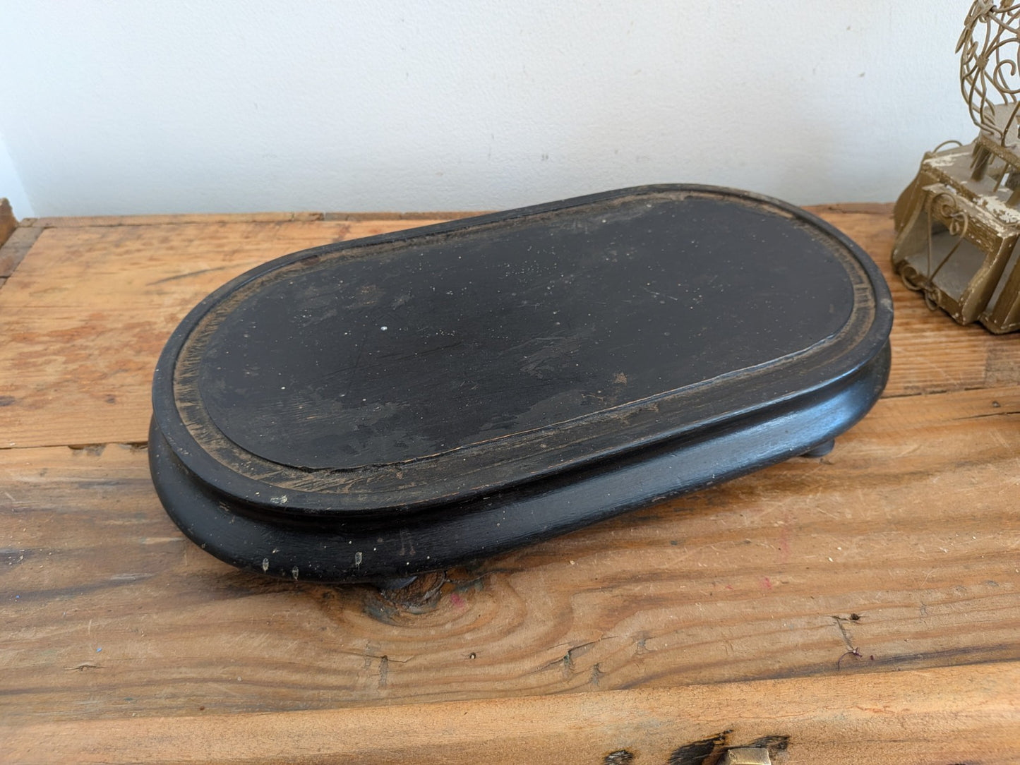 Antique Oval Wooden Base for Glass Dome Early 20th-C French Taxidermy Clock Vtg