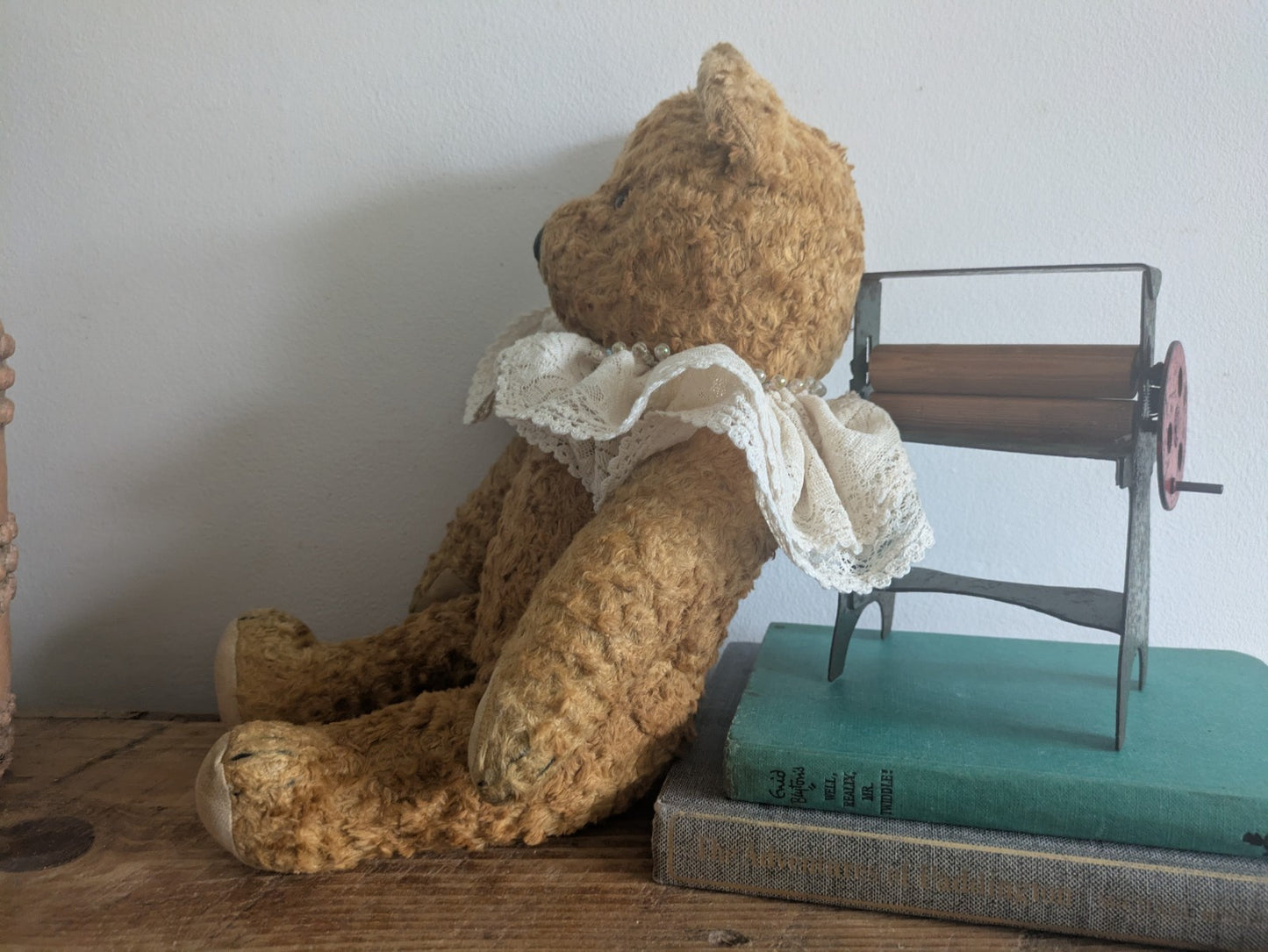 Antique Vintage Teddy Bear Straw Mohair Articulated Jointed Toy Collar Prop Vgc