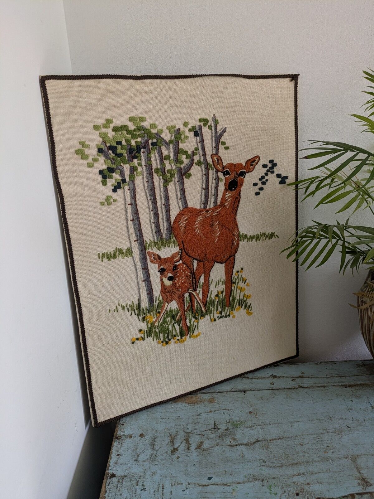 Vntage Retro Linda K Powell? Doe Fawn In Field 1970s Complete Needle Work Crewel