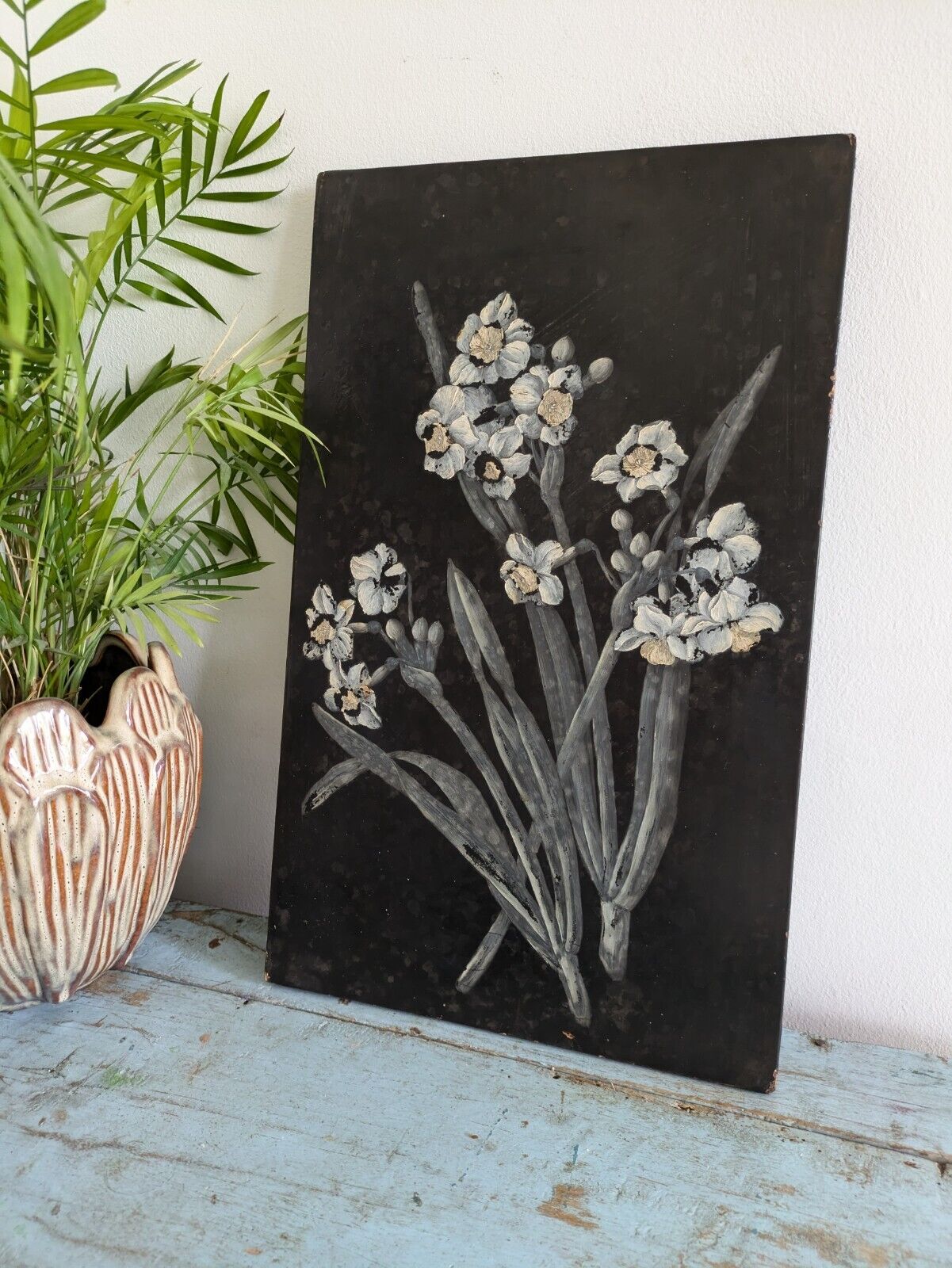 Original Painting Daffodils Floral Bouquet Picture VTG Black Wood Still Life