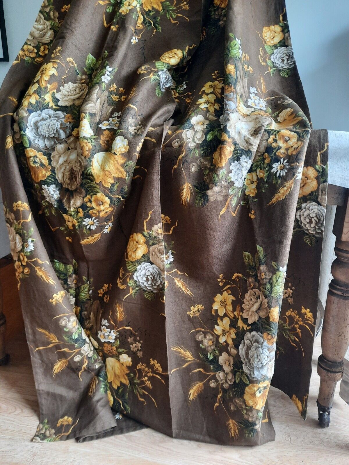Vtg Moygashell Curtain Brown Fabric Thick 245cmLX 130cmW Retro Rose Floral