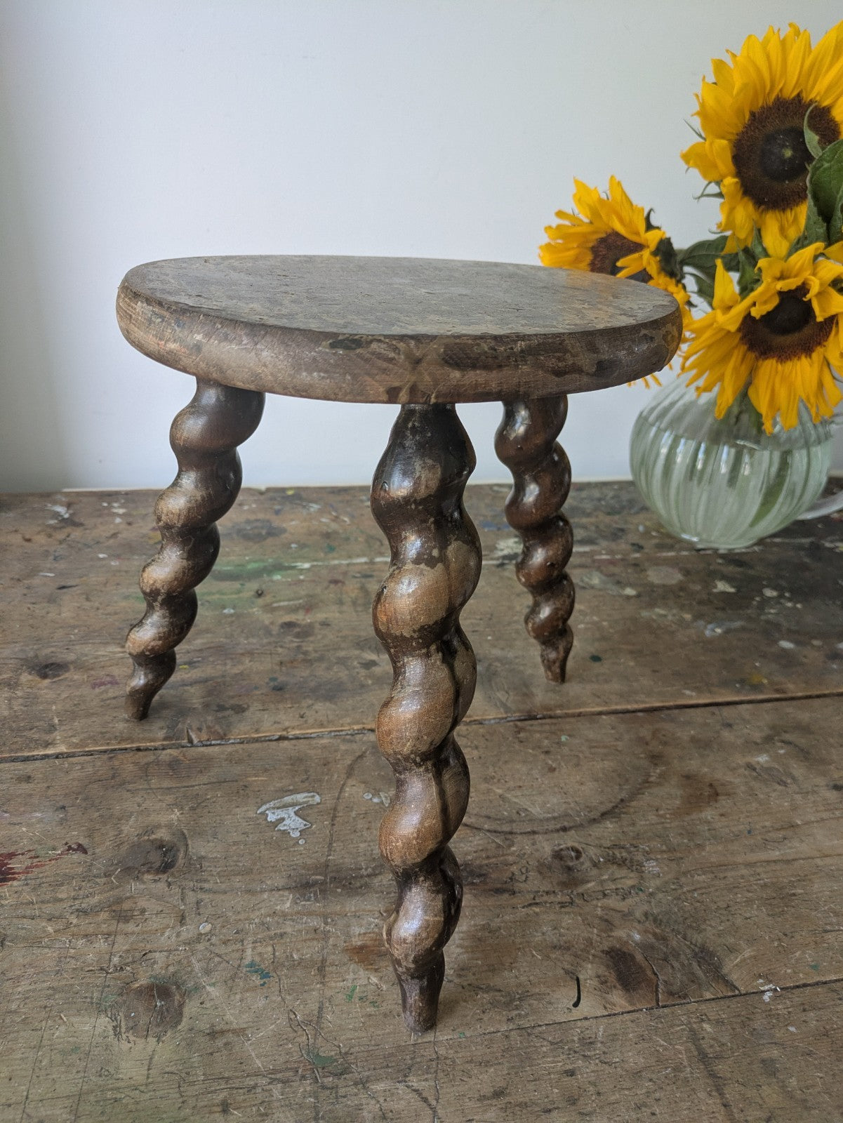 Antique french plant table Mid-1900's woodwork stool Twist Leg Tripod Spiral