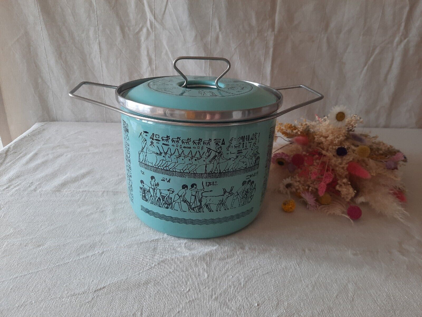 XL Pot in Metal Enamelled Turquoise Duck Egg Siltal Egyptian Design Vtg Retro MC