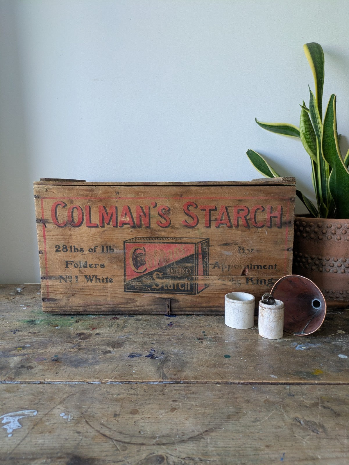 Antique Colmans Starch Printed Wooden Crate Original Large Vintage Advertising