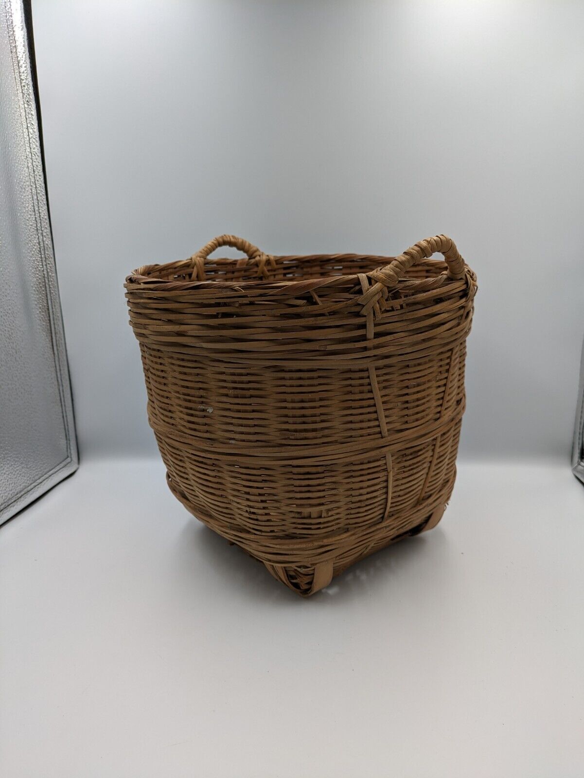 Vintage Asian Wicker Bushel Basket Handles Rattan Frame Storage Sturdy Bucket