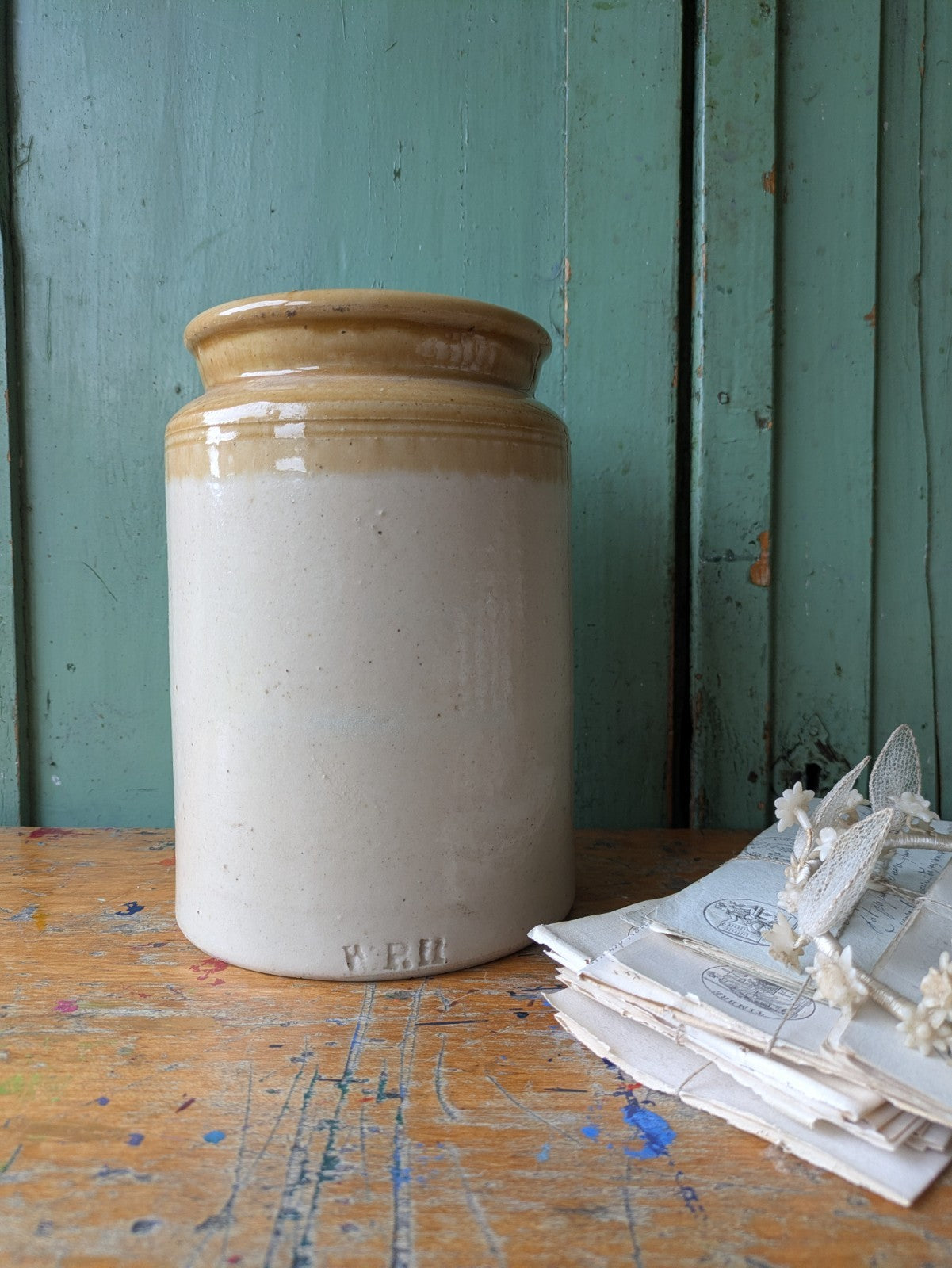 Antique Large Stoneware Country Farm House Salt Glazed Pot Utensil WPH Vintage