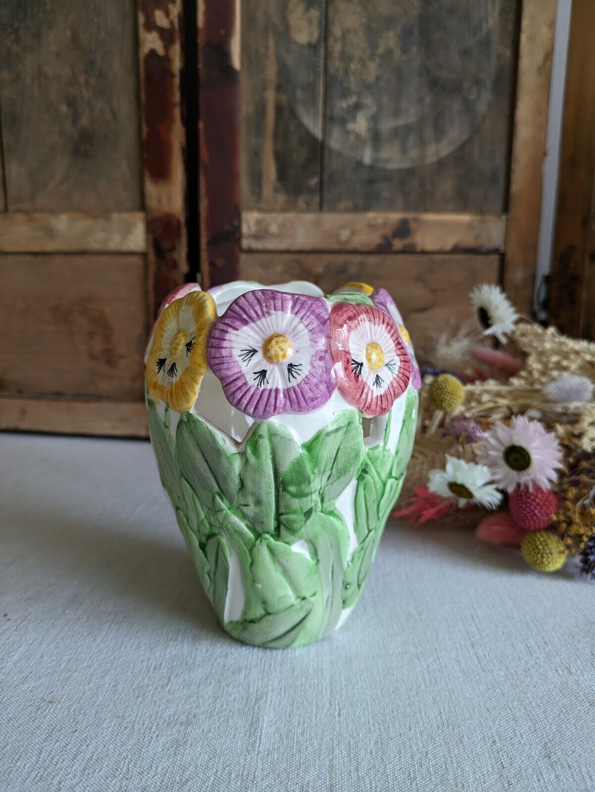 Vintage Floral Vase Floral Pansy Vase Retro Boho Colourful Mantle Western House