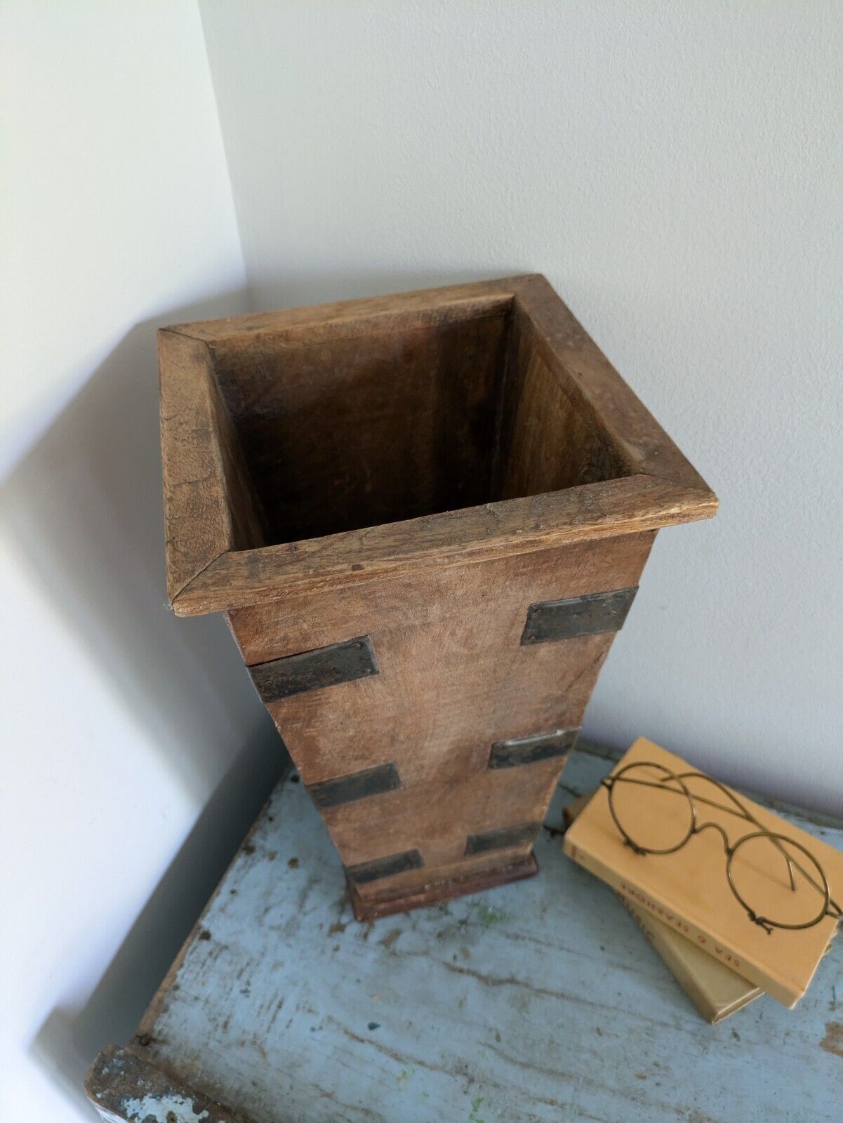 Vintage Old Handcrafted Iron Fitted Wooden Flower Pot / Planter Collectible Tall