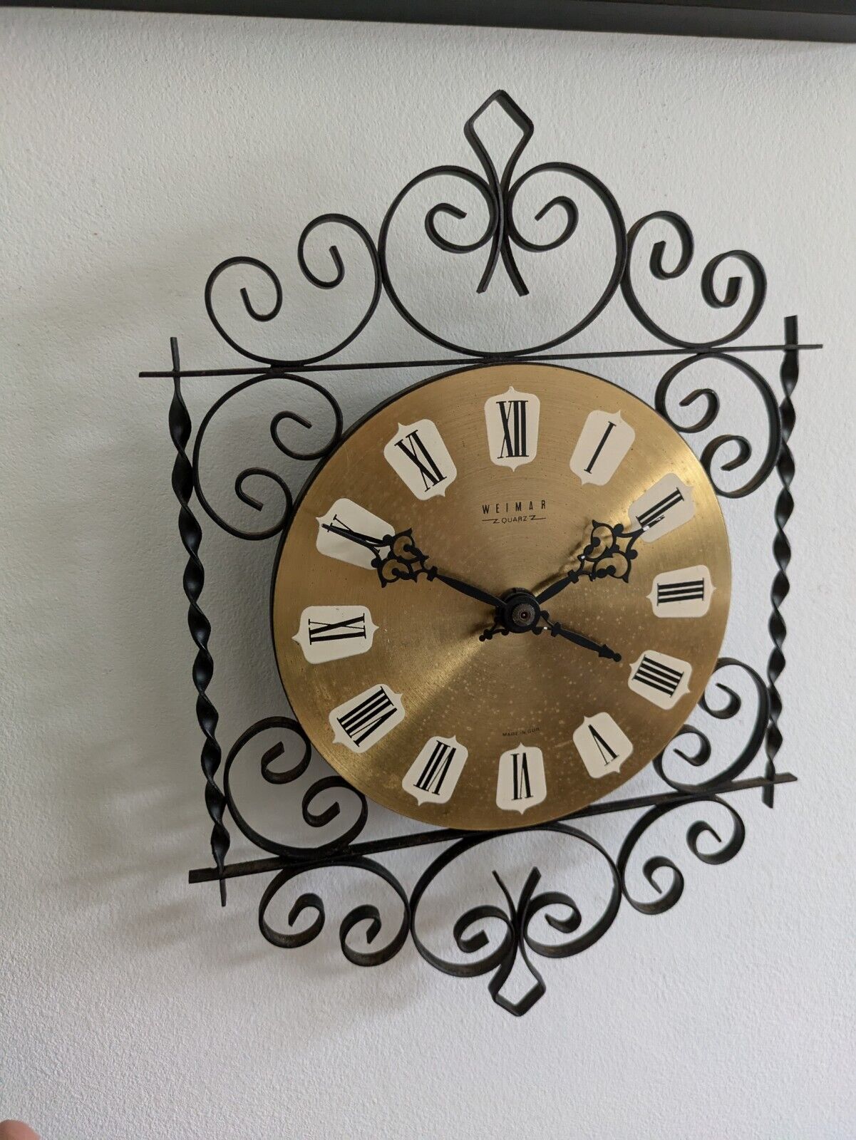 Vintage Weimar Ornate Battery Wall Clock Black Metal Scroll Mid Century MCM 70s