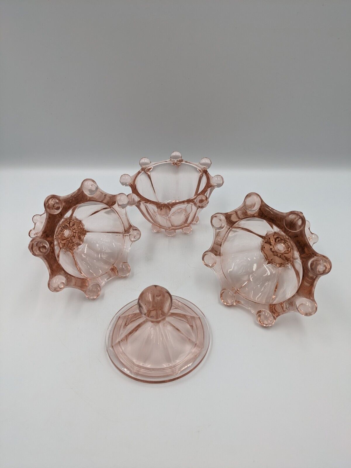 ART DECO VINTAGE GLASS DEPRESSION PINK GLASS CANDLESTICKS & LIDDED POT VANITY