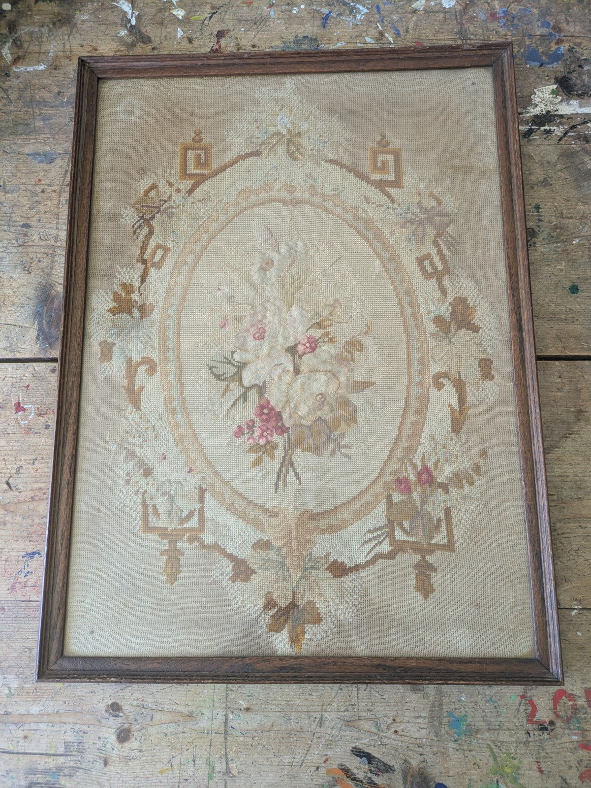 Antique French Needle Point Aubusson Floral Rose Rare Tapestry Framed Original