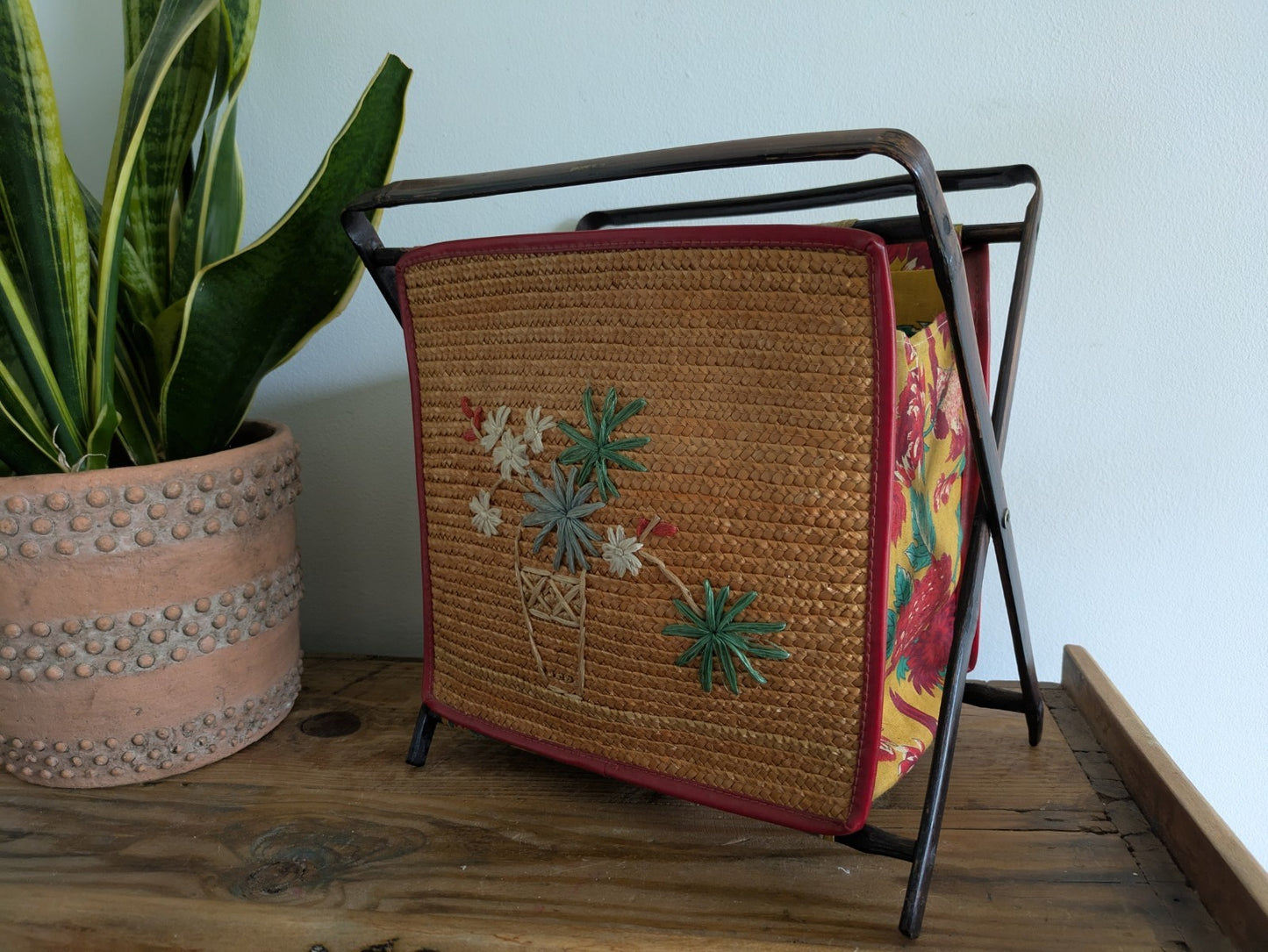 Vintage Folding Sewing Bamboo Woven Applique Magazine Tiki Rack Newspaper Basket
