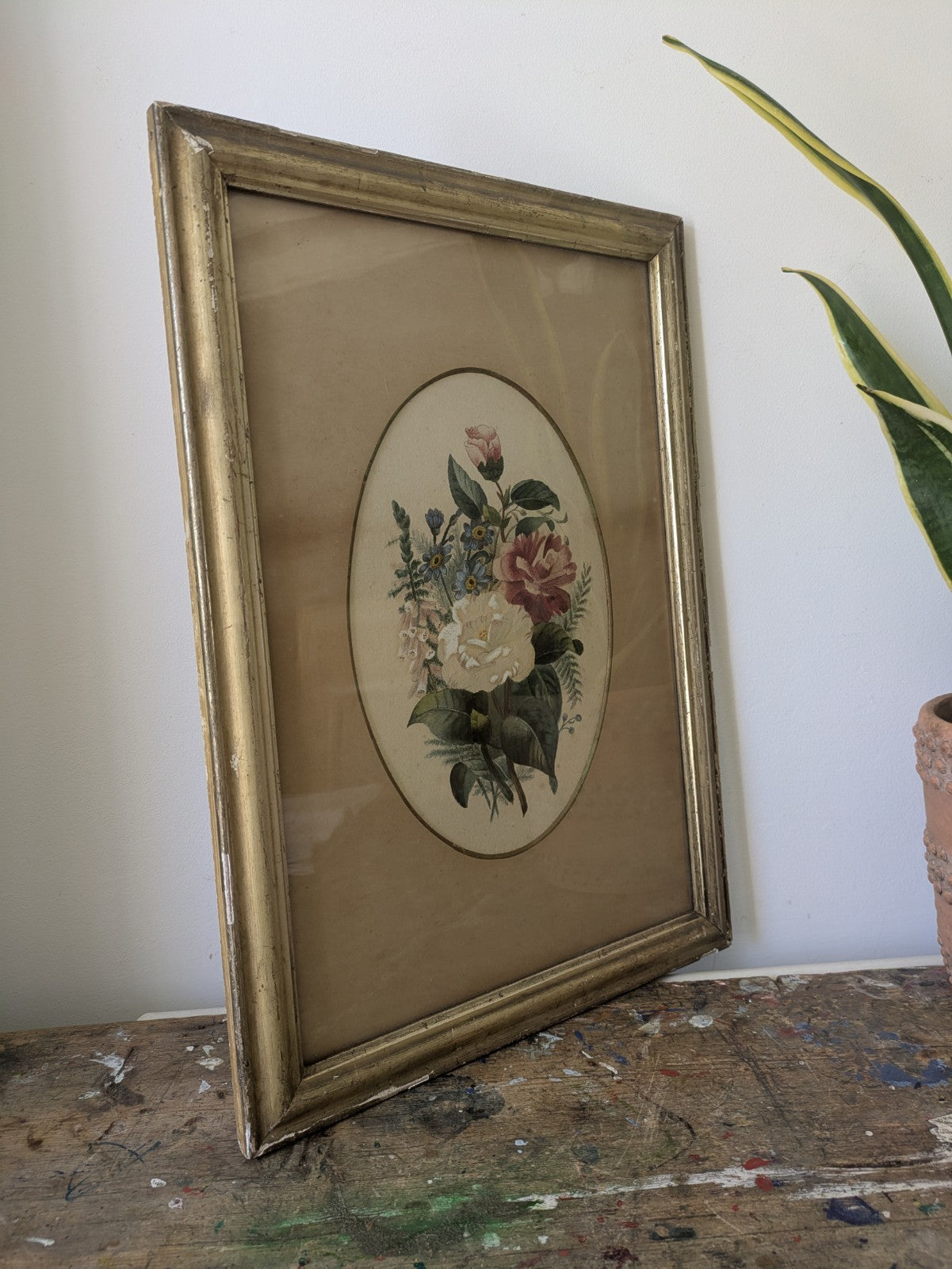 Original Antique Watercolour Painting Oval Floral Rose Bouquet Flower Still Life