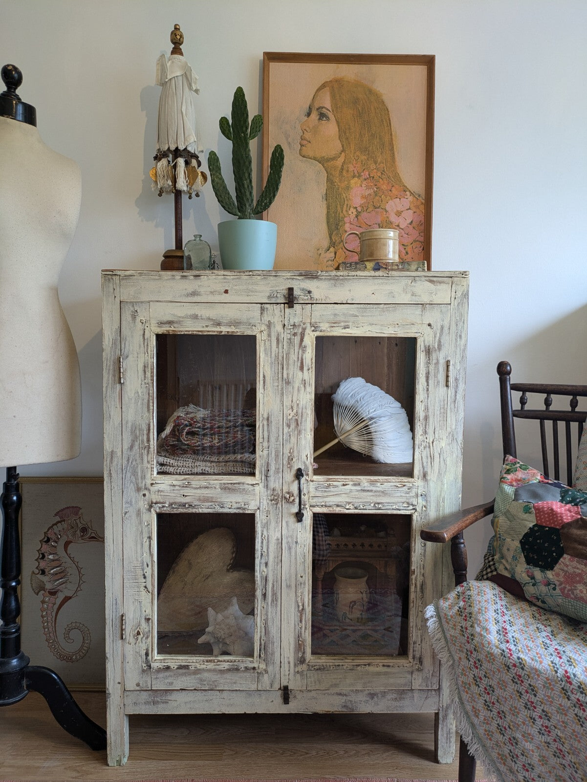 Restored Antique Vintage Indian Cabinet Cupboard Painted Glazed Reclaimed Cream