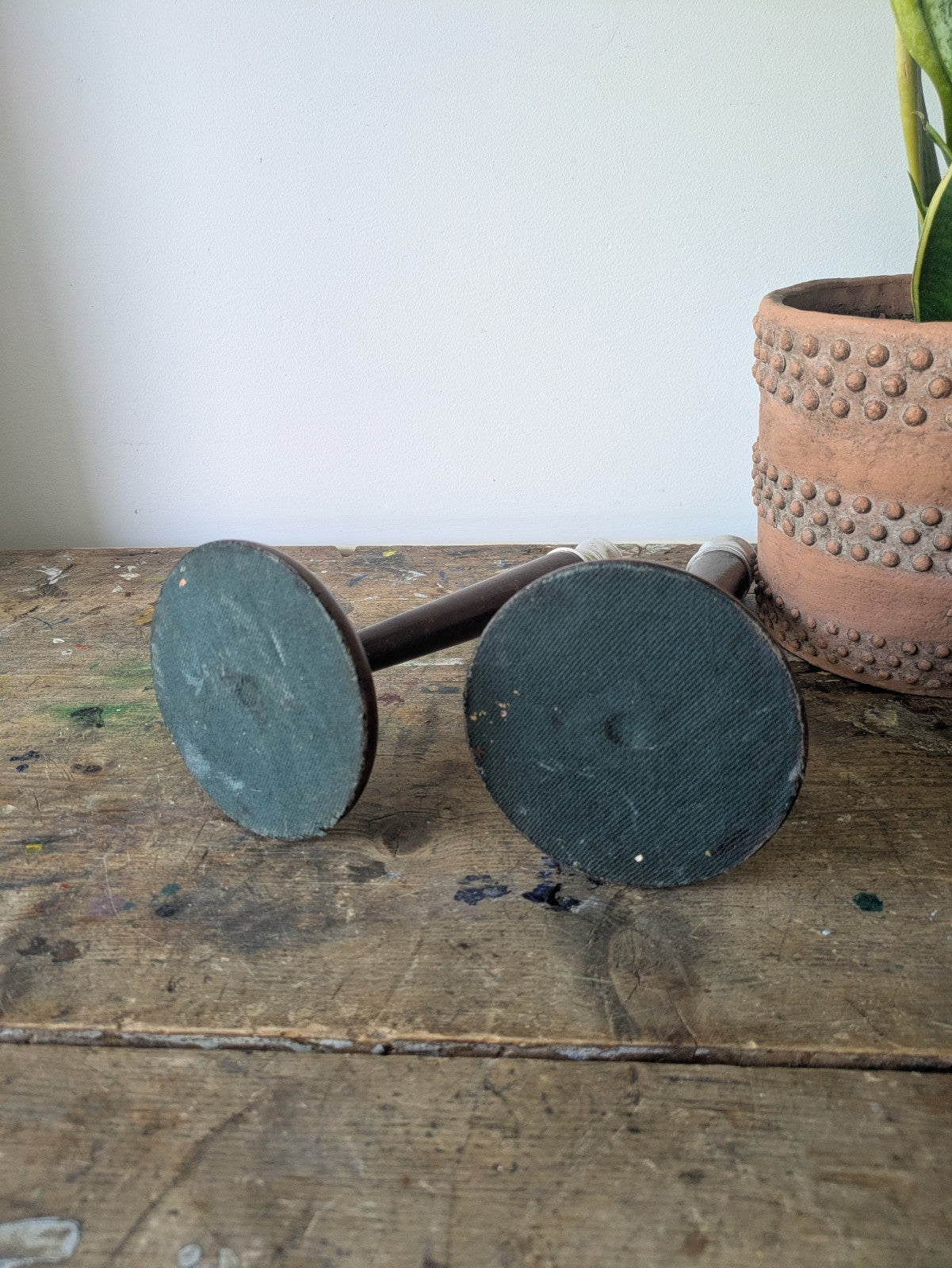 Pair of Antique Classic Tall Wood & Metal Candle Sticks Holders Art Deco Vintage