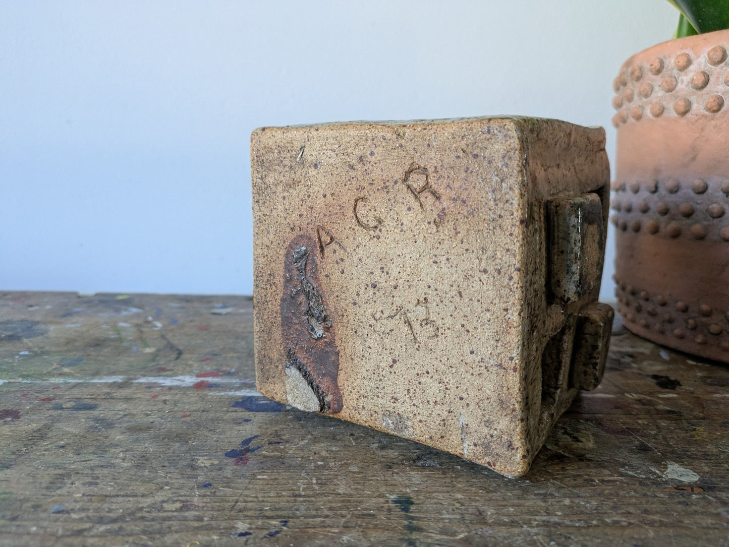 Vintage Retro AGR 1973 Glazed Cube Ceramic Plant Pot Brutalist Mid Century Vgc