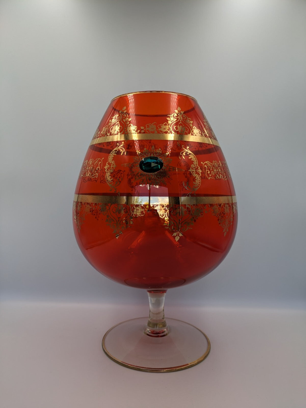 Vtg Cameo Venetian Ruby Gilt Gold Murano Glass Applied Gems Vase Snifter Brandy