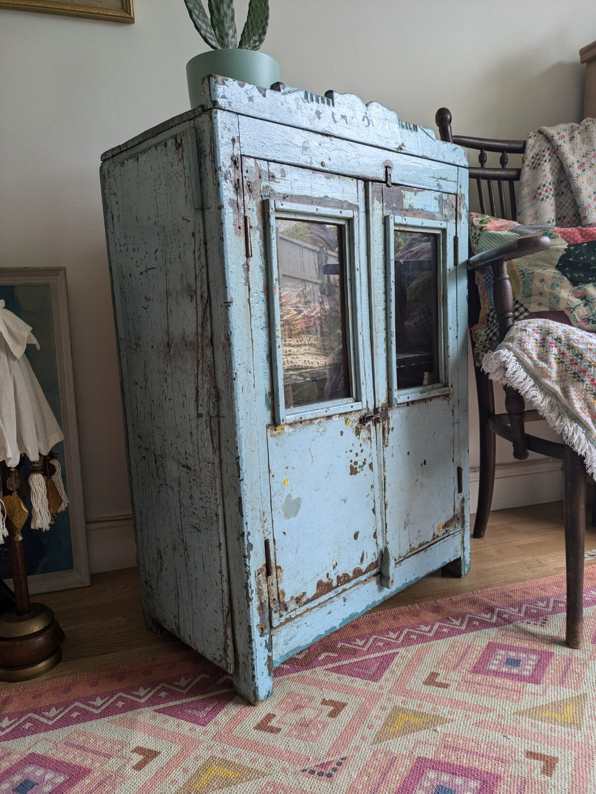 Small Antique Vintage Indian Cabinet Cupboard Painted Rare Glazed Blue Reclaimed