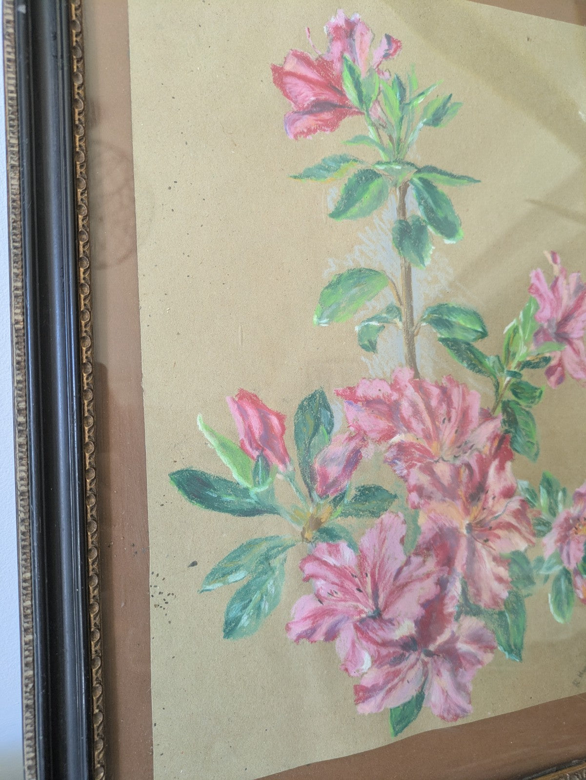 Original Antique Framed Oil Pastel Painting Floral Bouquet Flower Still Life 70s
