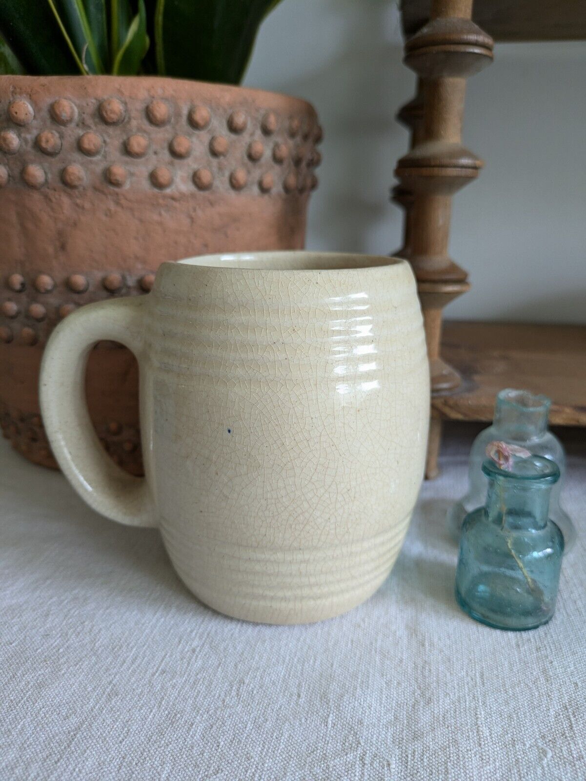 Vintage Crazed Cream Iron Stone Barrel Mug Tankard Crazing Aged Time worn Bar