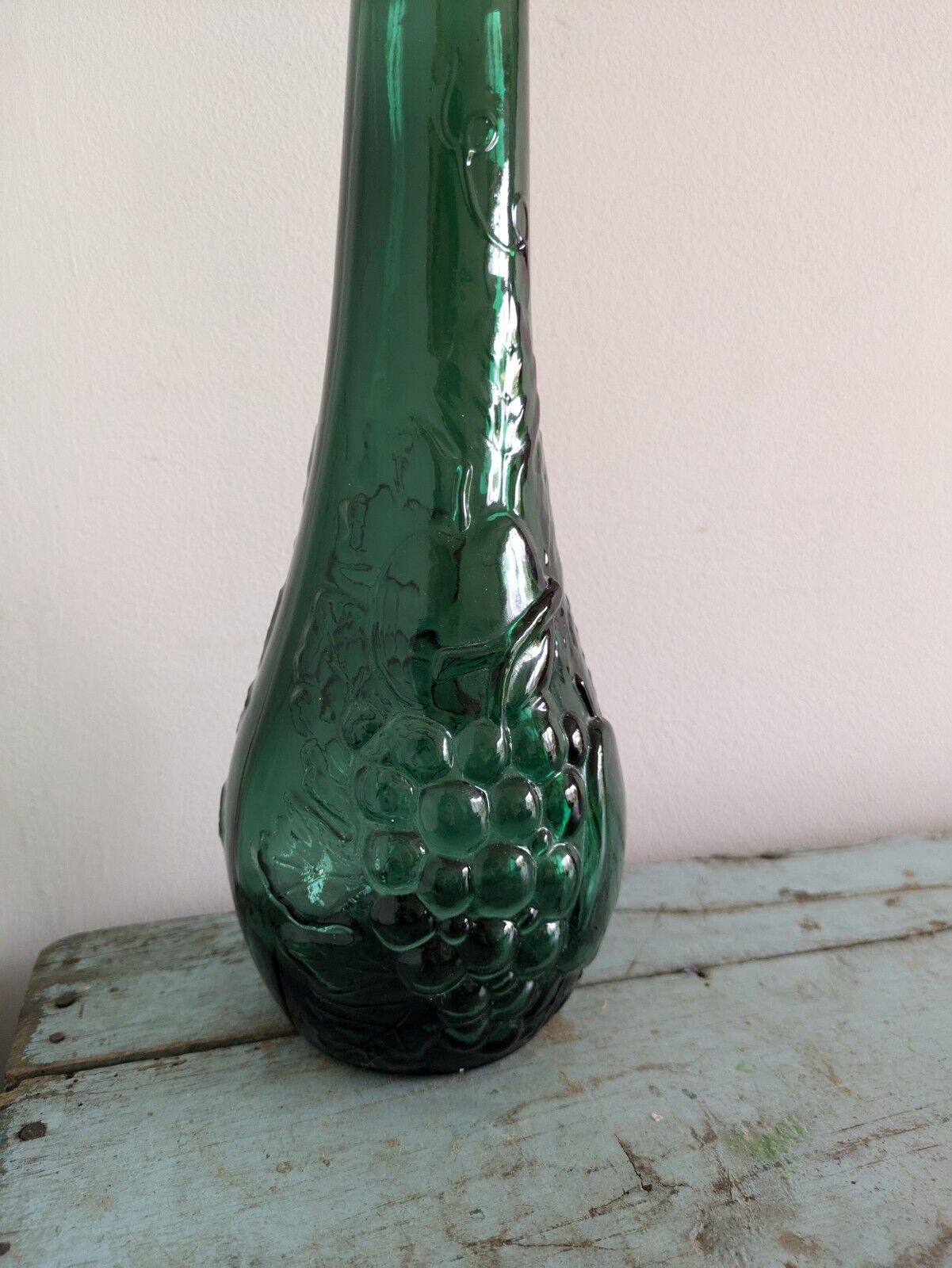 Vintage Green Glass Bottle Decanter With Stopper Fruit Motif DABS Portugal Genie