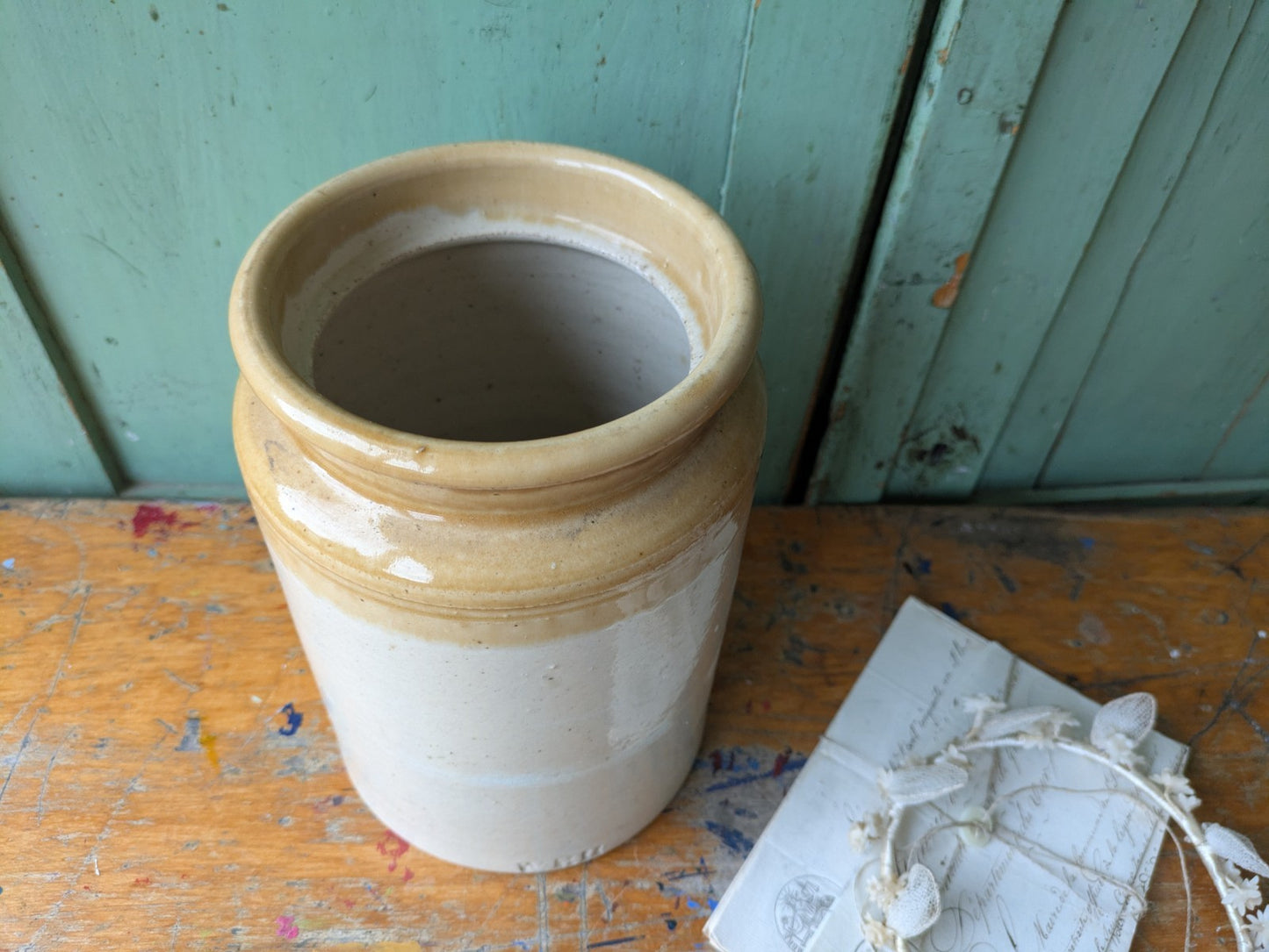 Antique Large Stoneware Country Farm House Salt Glazed Pot Utensil WPH Vintage