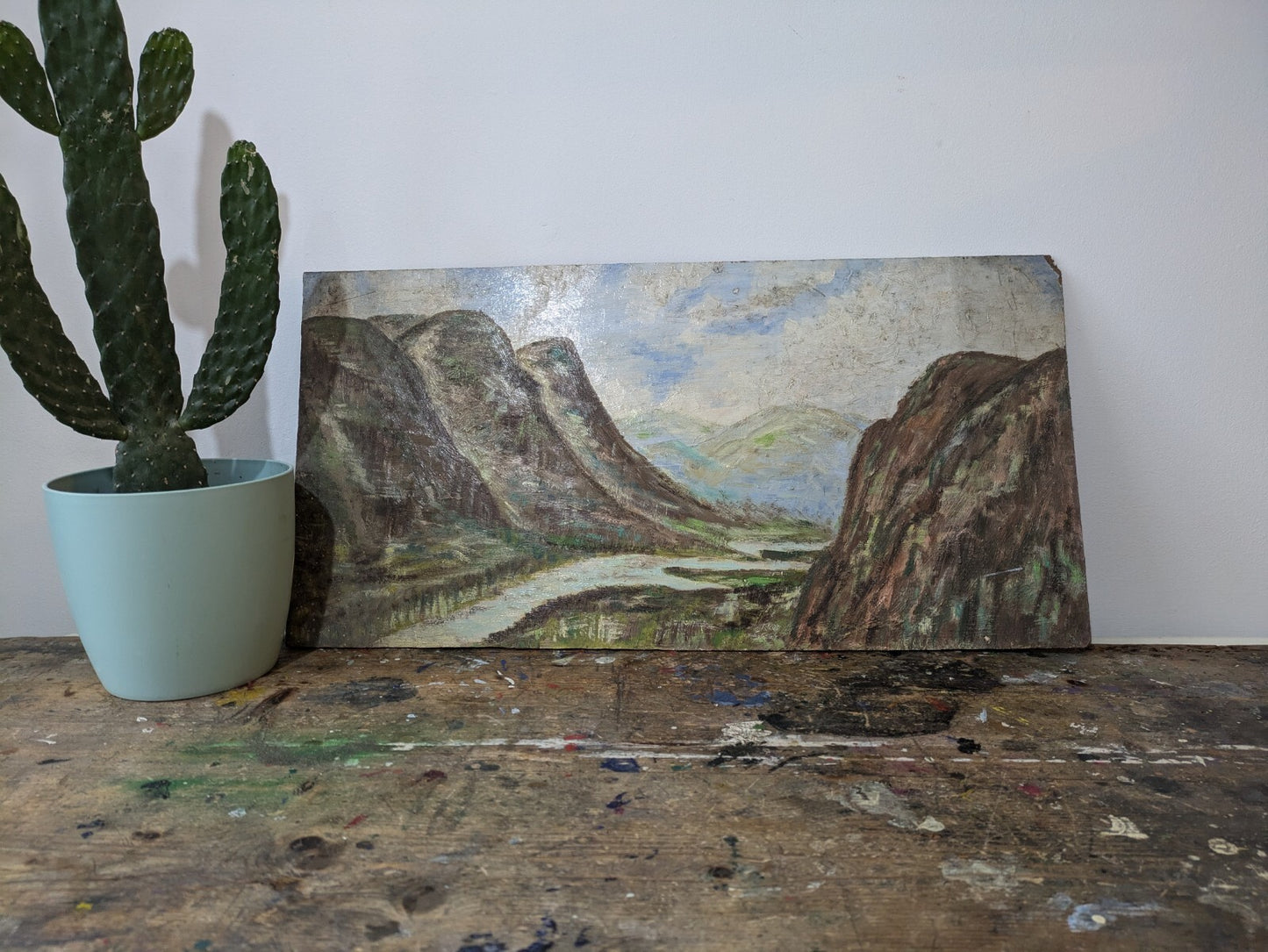 Vtg Painting T Morris Mountains Valley Oil On Board Country Picture Landscape