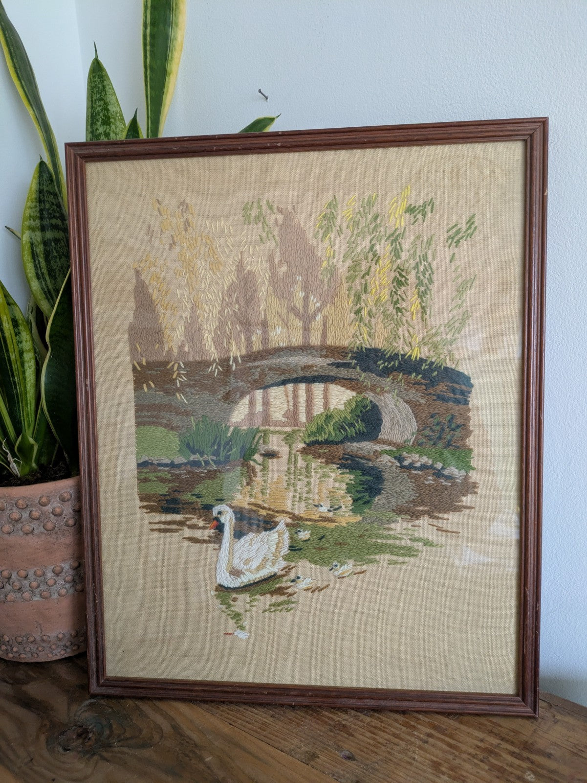 Vintage Needlework Crewel Stitchwork Crochet Swan Signets River Picture English