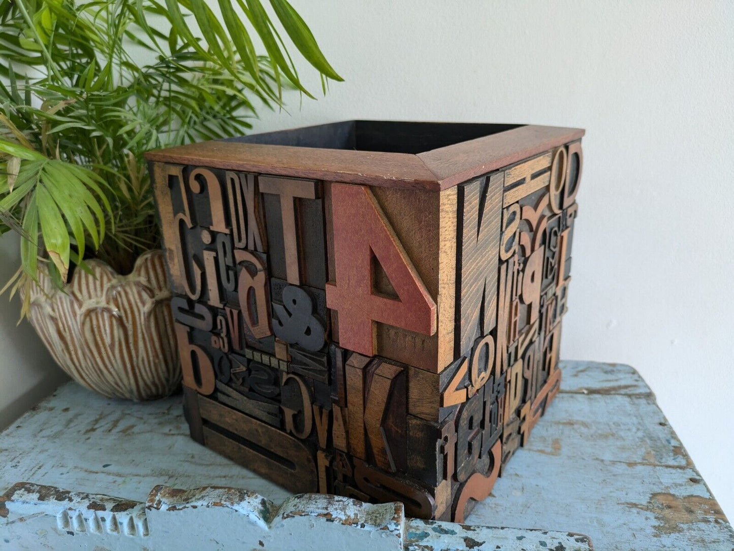 Large Vintage Antique letterpress wooden Printing Blocks Mosaic Planter Pot Bin