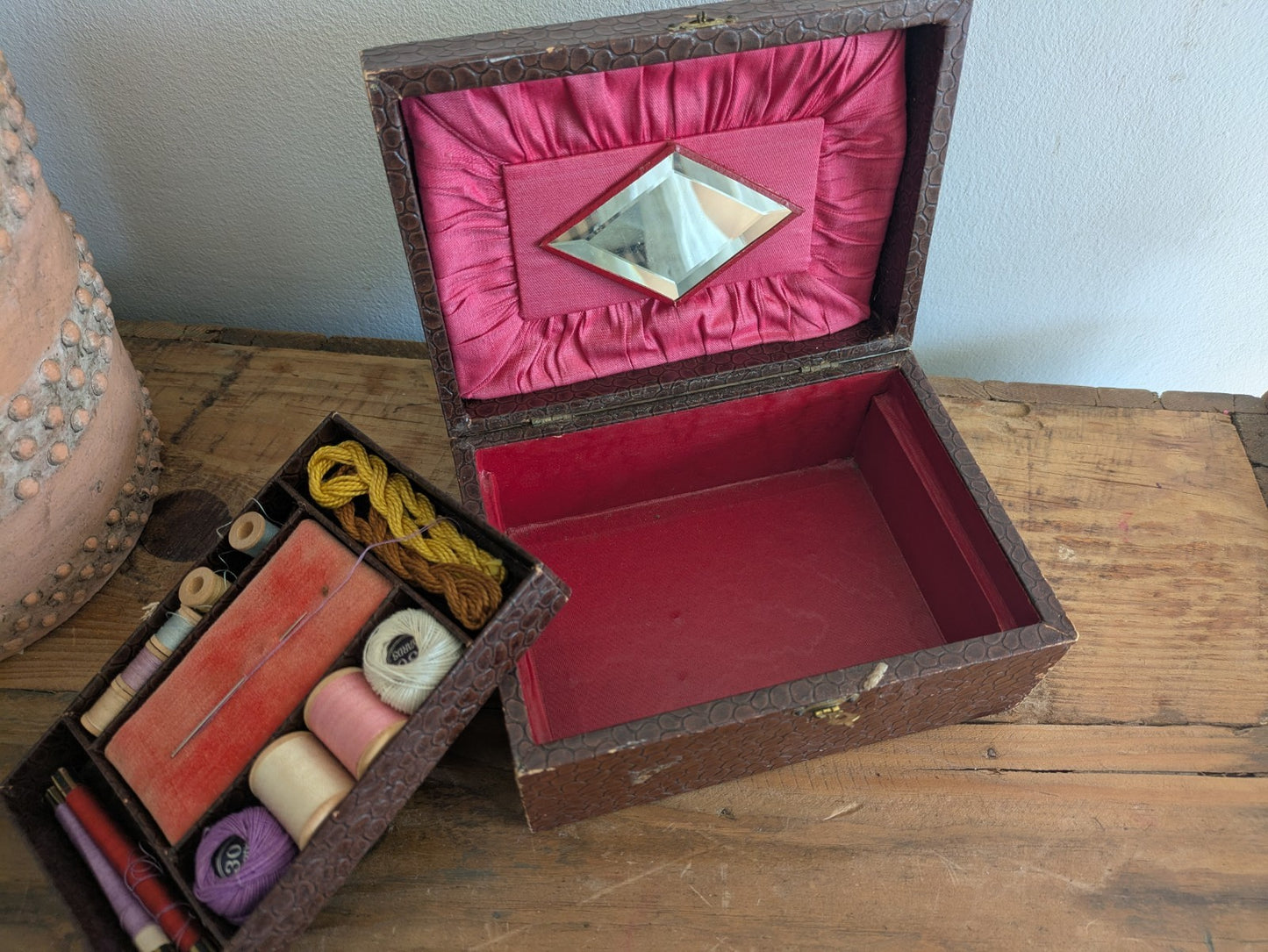 Antique Faux Crocodile Brown Leather Child’s Sewing Box with Contents Workbox
