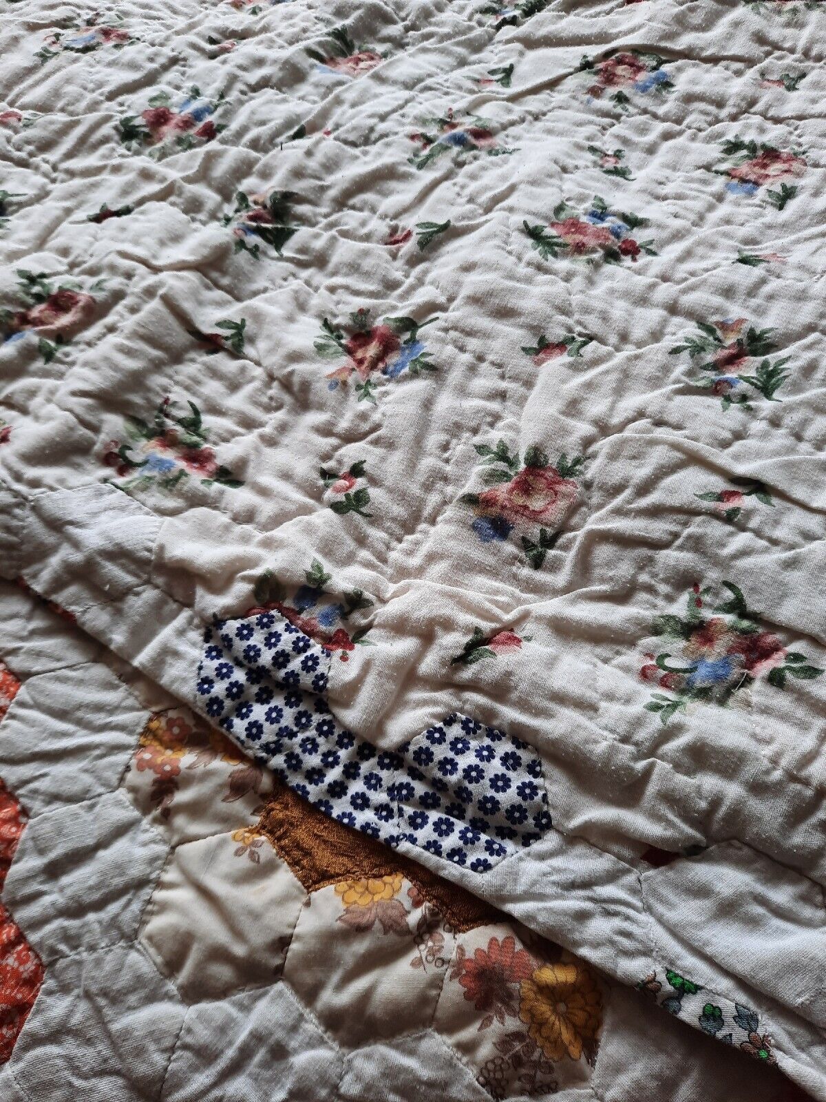 Vintage handmade 50p Patchwork blanket bed Throw Grandma's Sofa hexagon Double!!