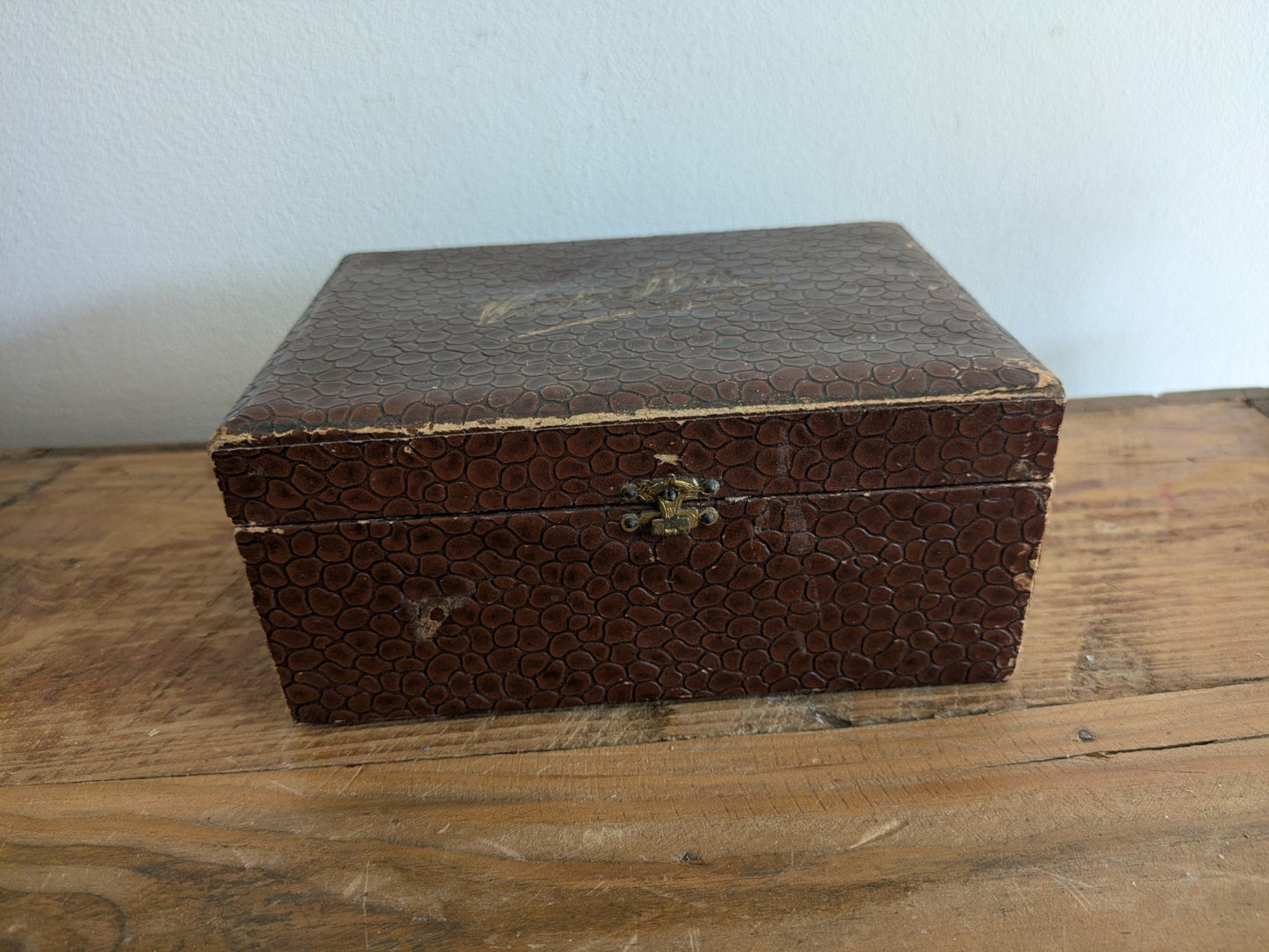 Antique Faux Crocodile Brown Leather Child’s Sewing Box with Contents Workbox