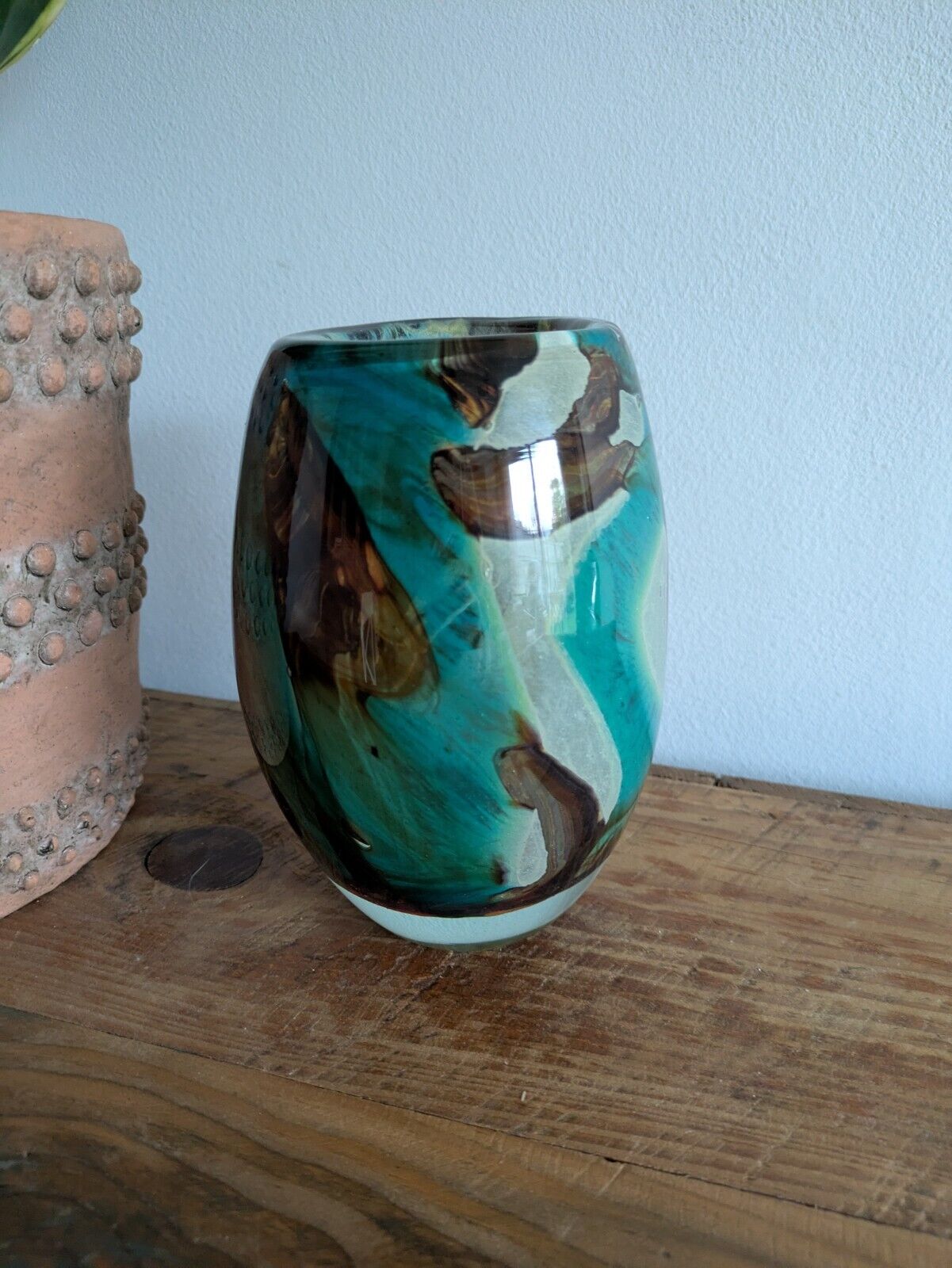 Vintage Mdina Maltese Glass 'Tiger' Pattern Ovoid Vase Art Retro Blue Brown Vgc