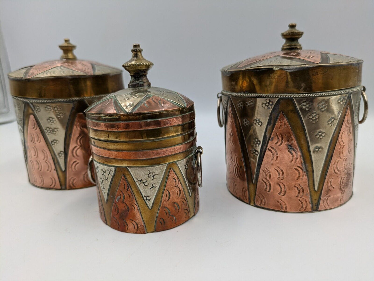 SET OF 3 VTG ISLAMIC PERSIAN COPPER BRASS MIXED METALS SNUFF HANGING BOX GIFT