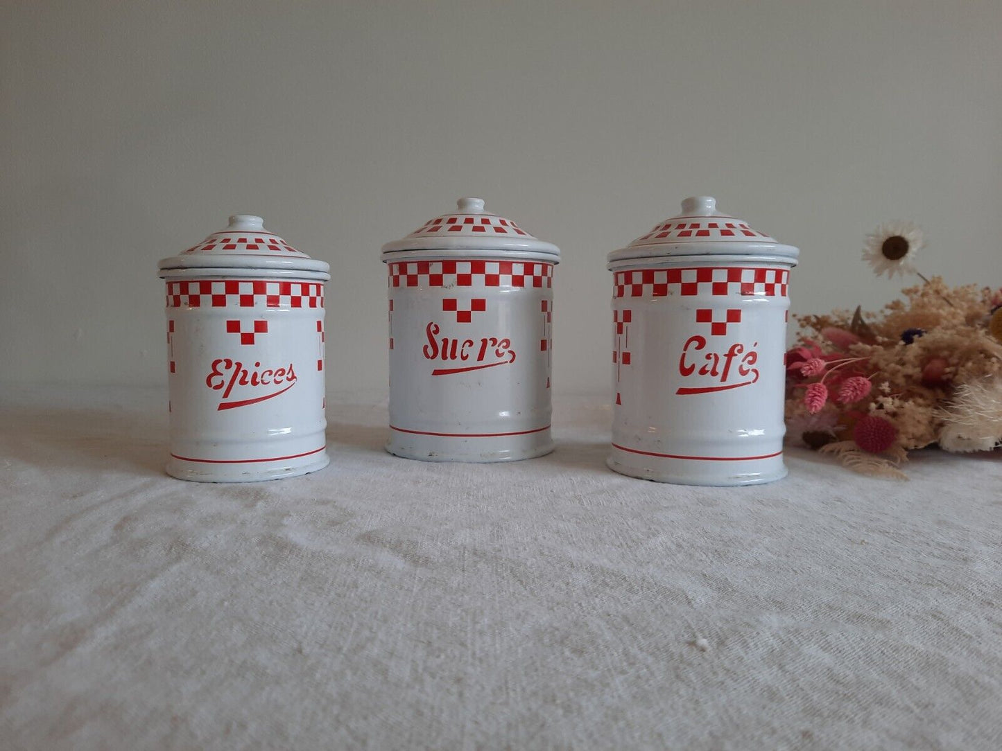 Vintage French Enamel Canisters Set-Red White Check Tins Jars Antique 20s 30s