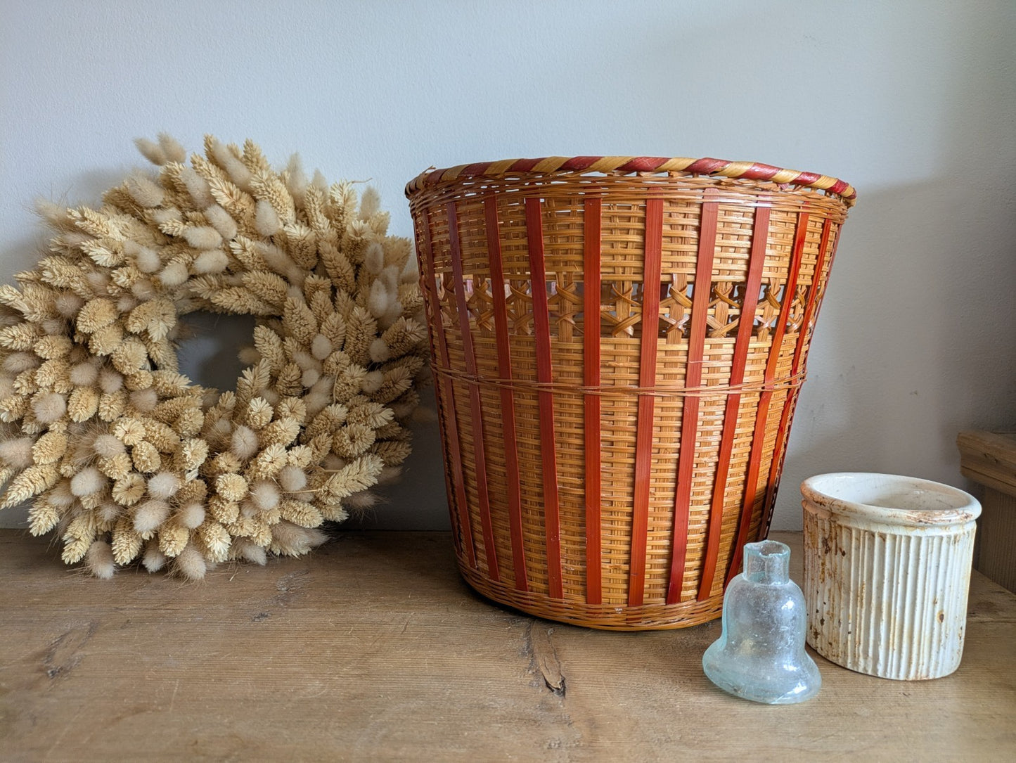 Vintage Mid Century 60 70s Woven Cane Bamboo Bin Planter Plant Pot Tikki Boho