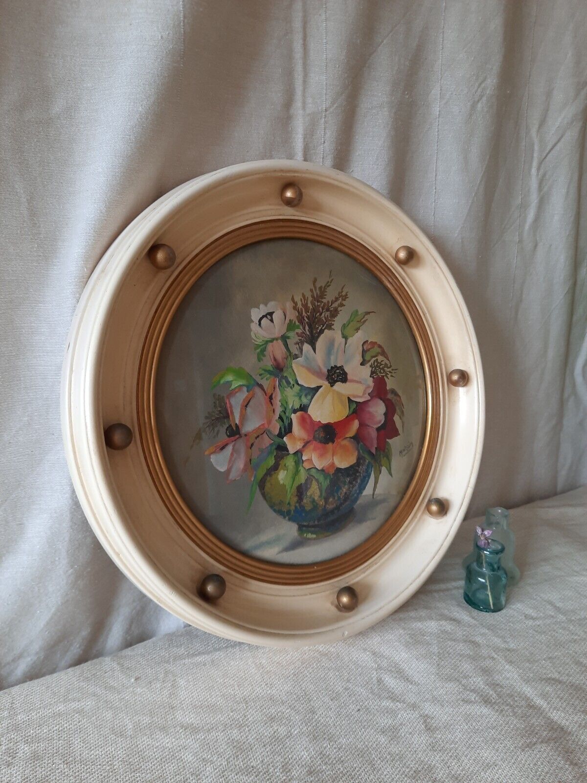 Vintage Retro Framed floral Painting gilt ball cream frame roses convex glass!