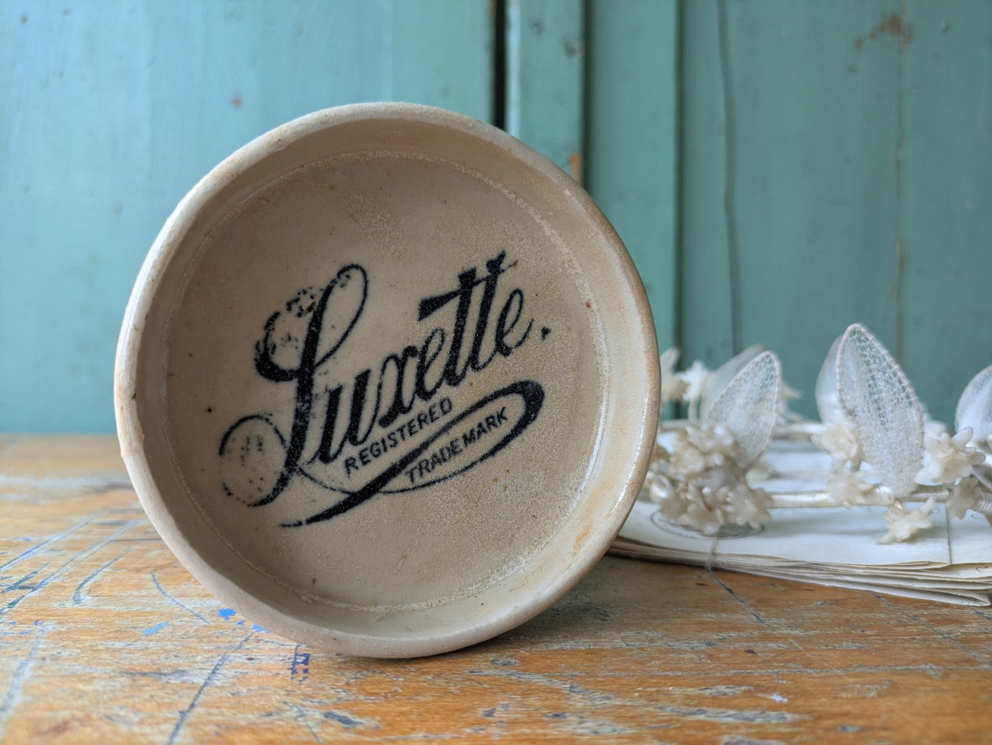 Old Vintage Antique Printed Pottery Ceramic Sign Tip Ashtray Luxette Soap Dish