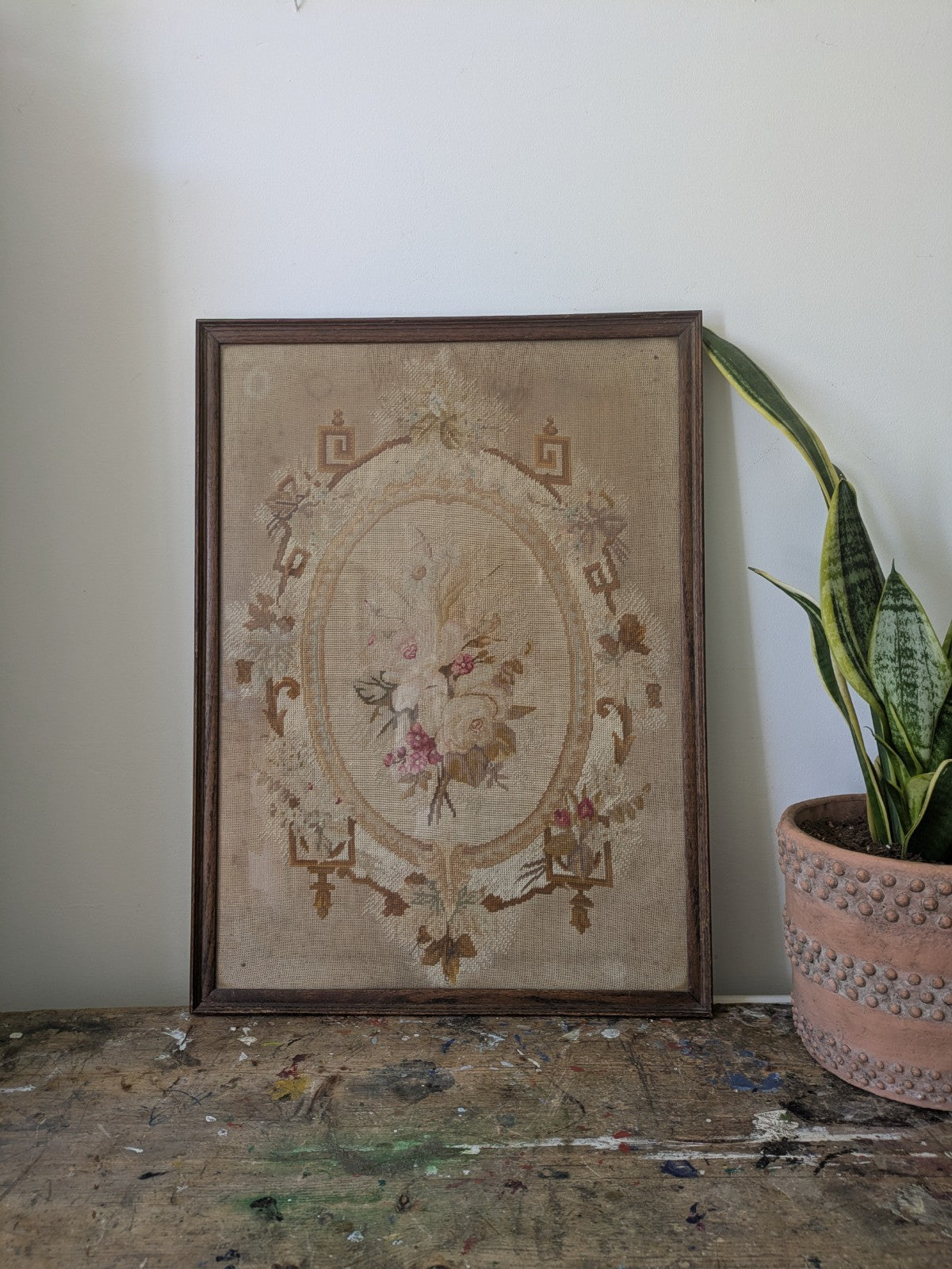 Antique French Needle Point Aubusson Floral Rose Rare Tapestry Framed Original