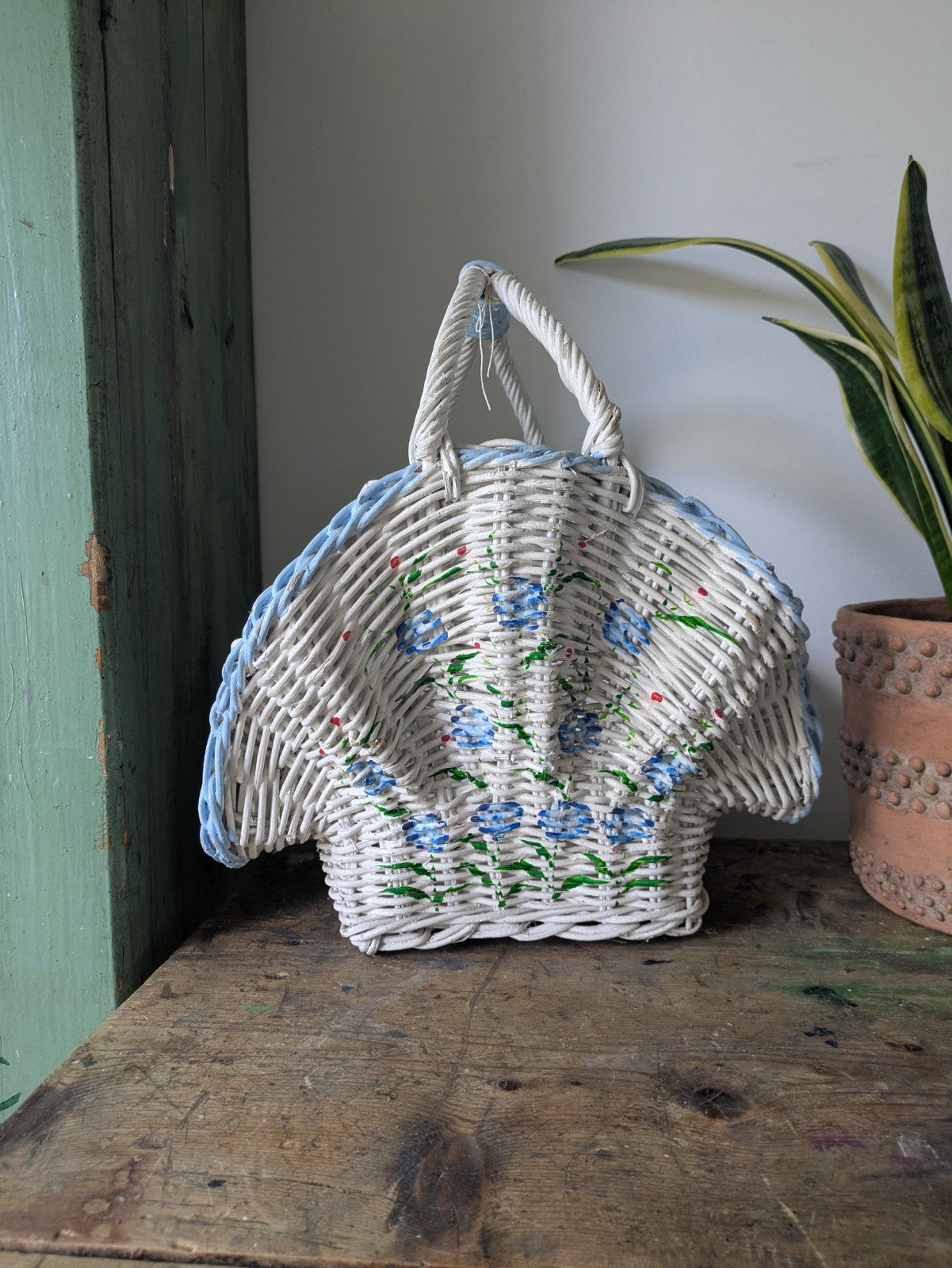 Vintage Shell Shaped Basket White Hand painted Flowers Blue White Prop Wicker