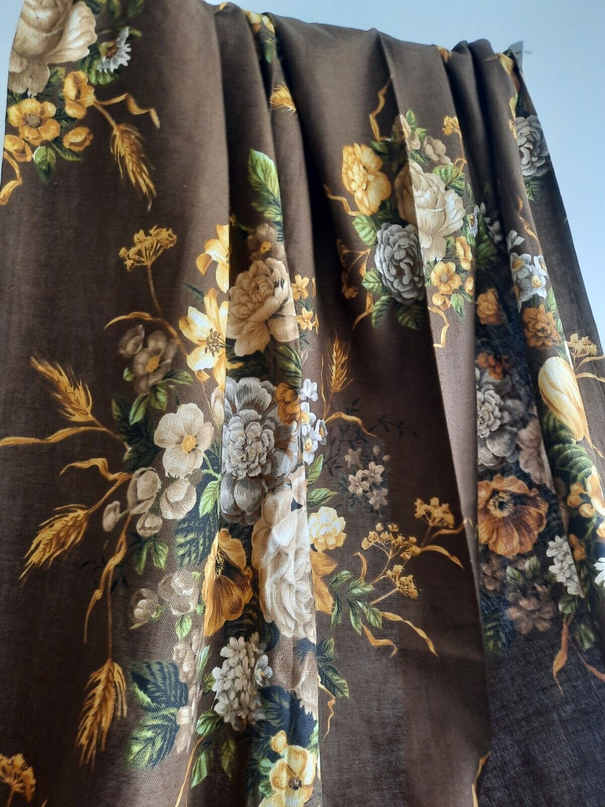 Vtg Moygashell Curtain Brown Fabric Thick 245cmLX 130cmW Retro Rose Floral
