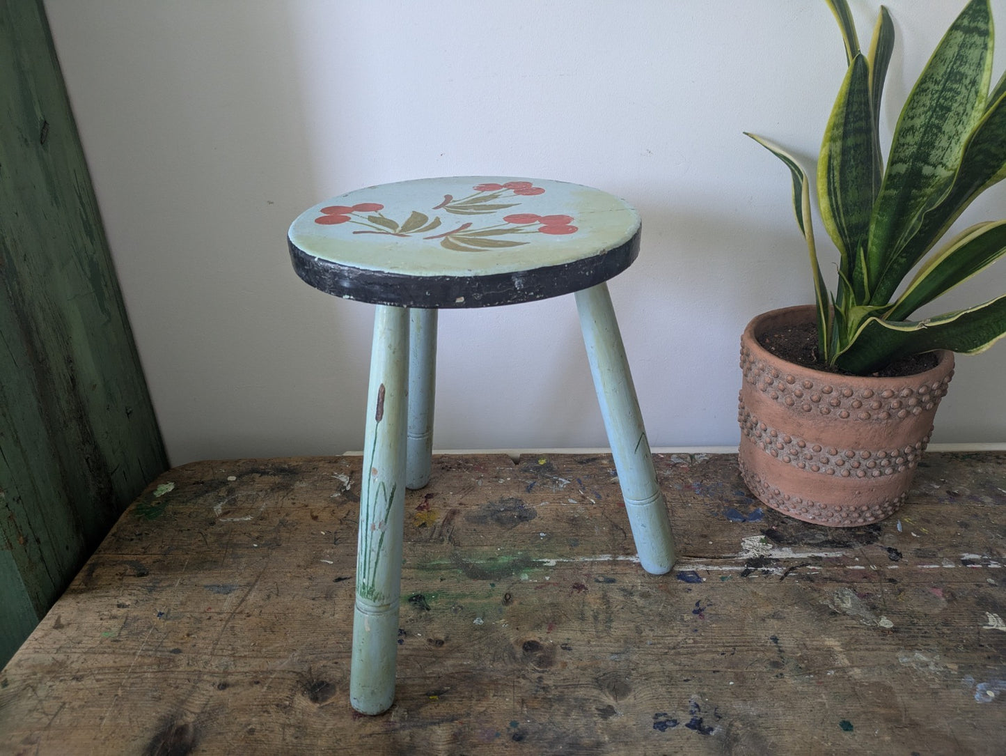 Vintage Stool Folk Art Hand Painted Cherries Blue Chippy Original Antique Tripod