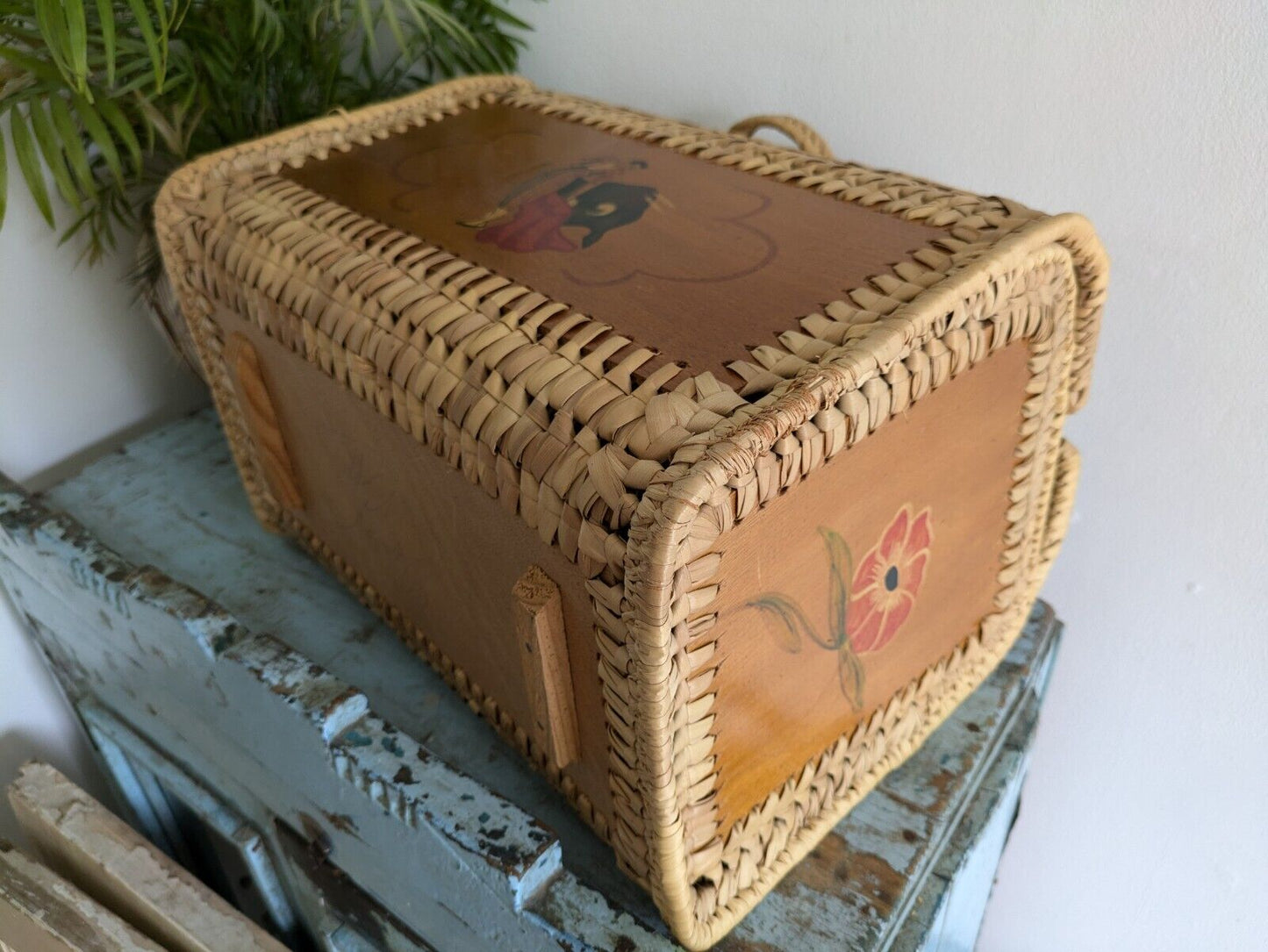 Vintage 1960s Spanish Tote Bag mid Century Wicker and Wood Hand Painted Floral