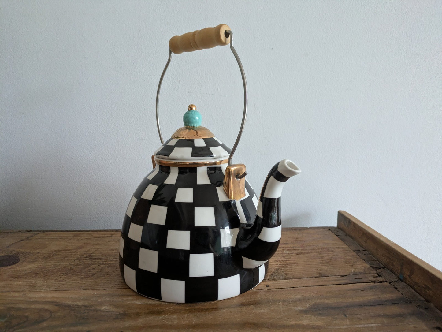 China Blue Tip Black And White Checkered Teapot With Lid MacKenzie Child Style